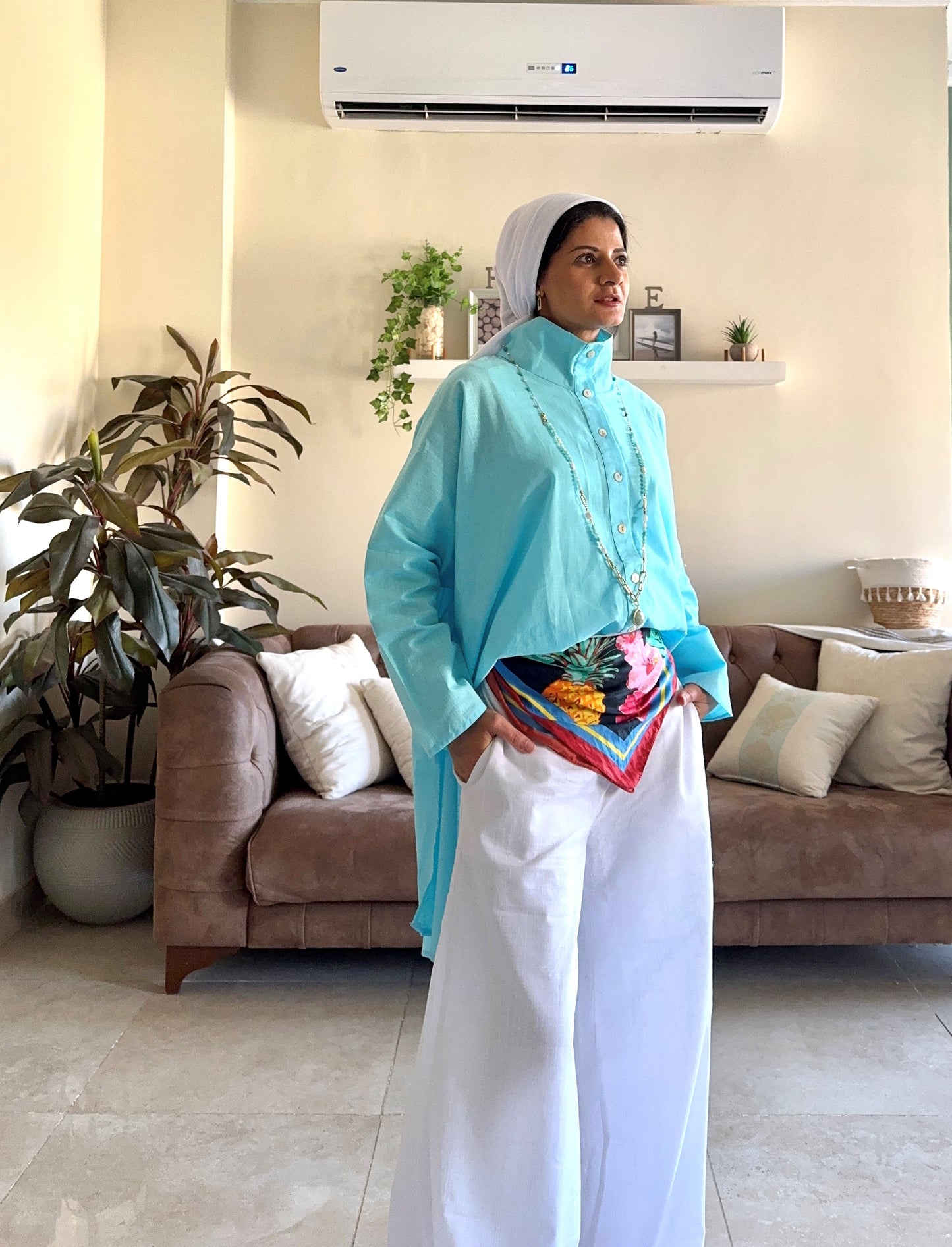 Buttoned Linen Top - Aqua