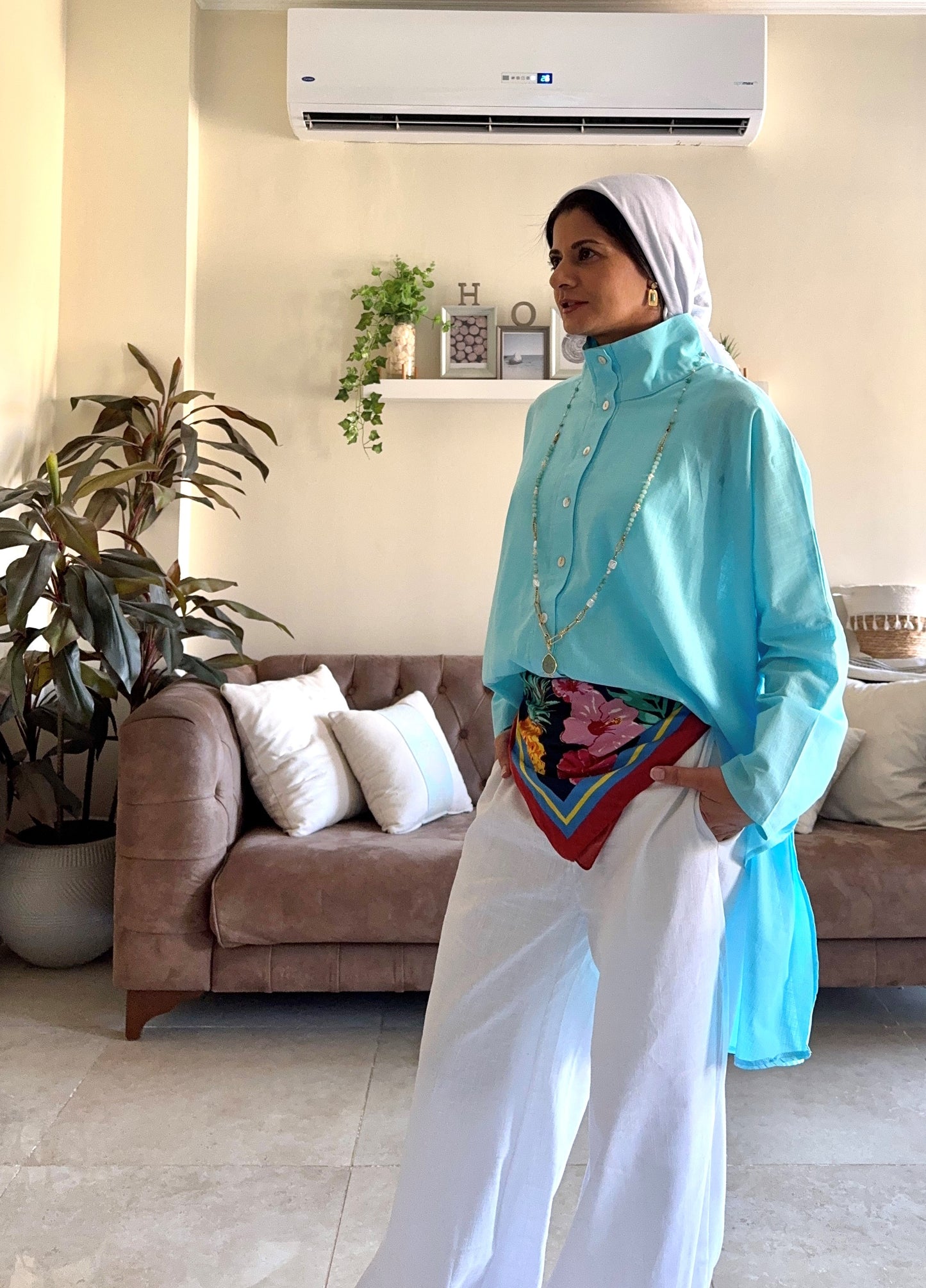 Buttoned Linen Top - Aqua