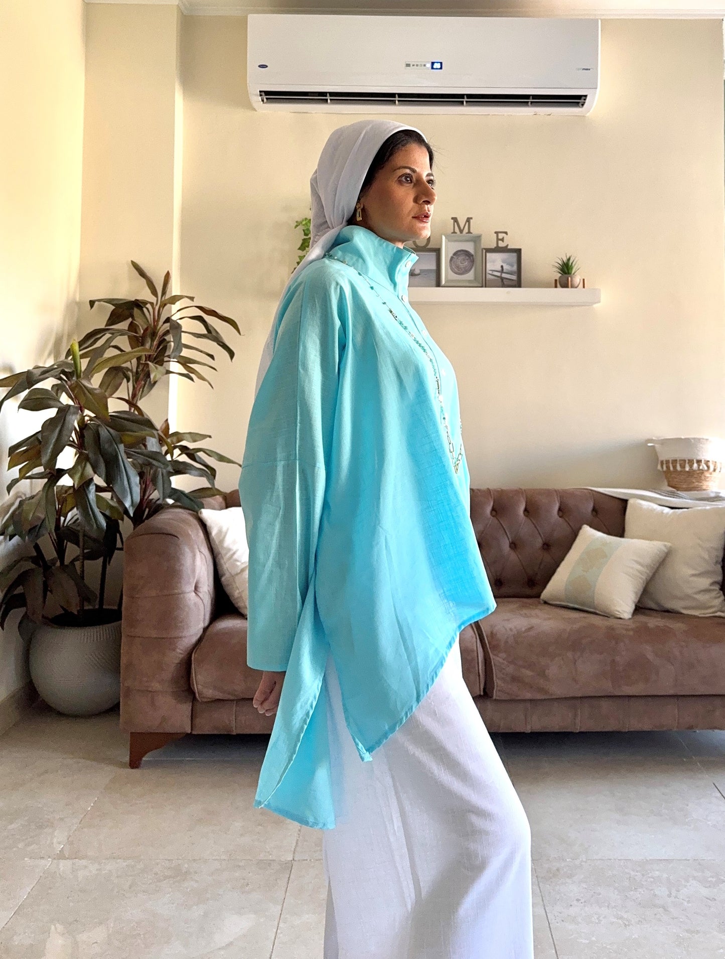 Buttoned Linen Top - Aqua