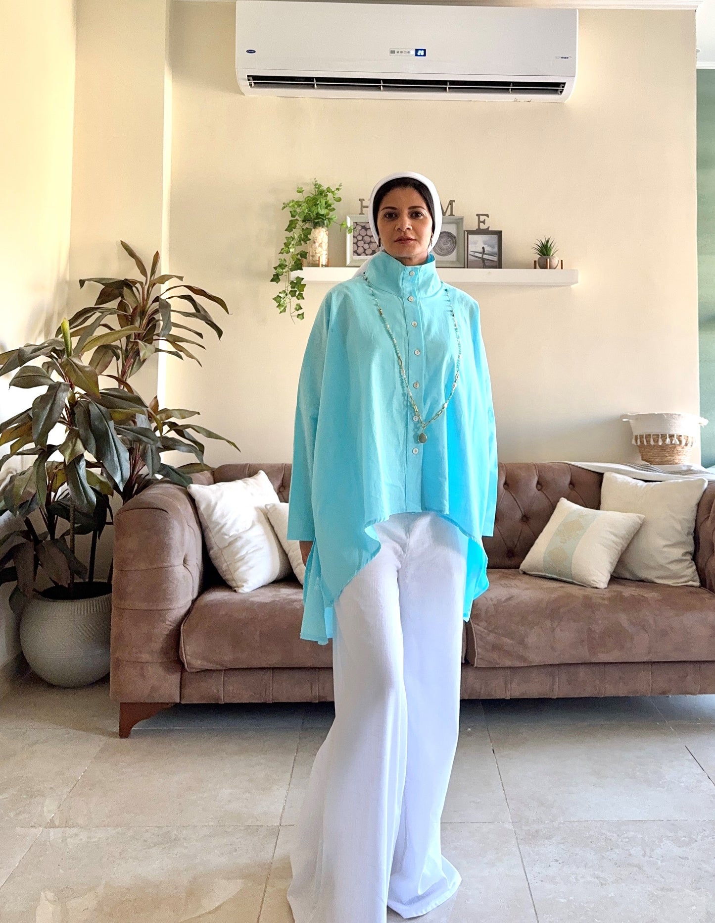 Buttoned Linen Top - Aqua