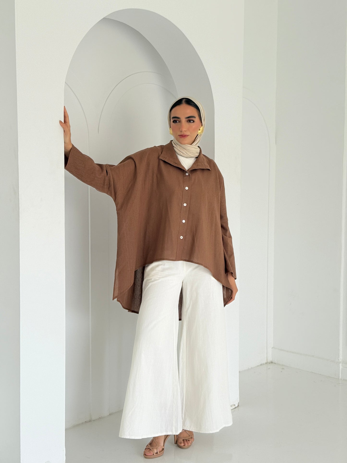 Buttoned Linen Top - Brown