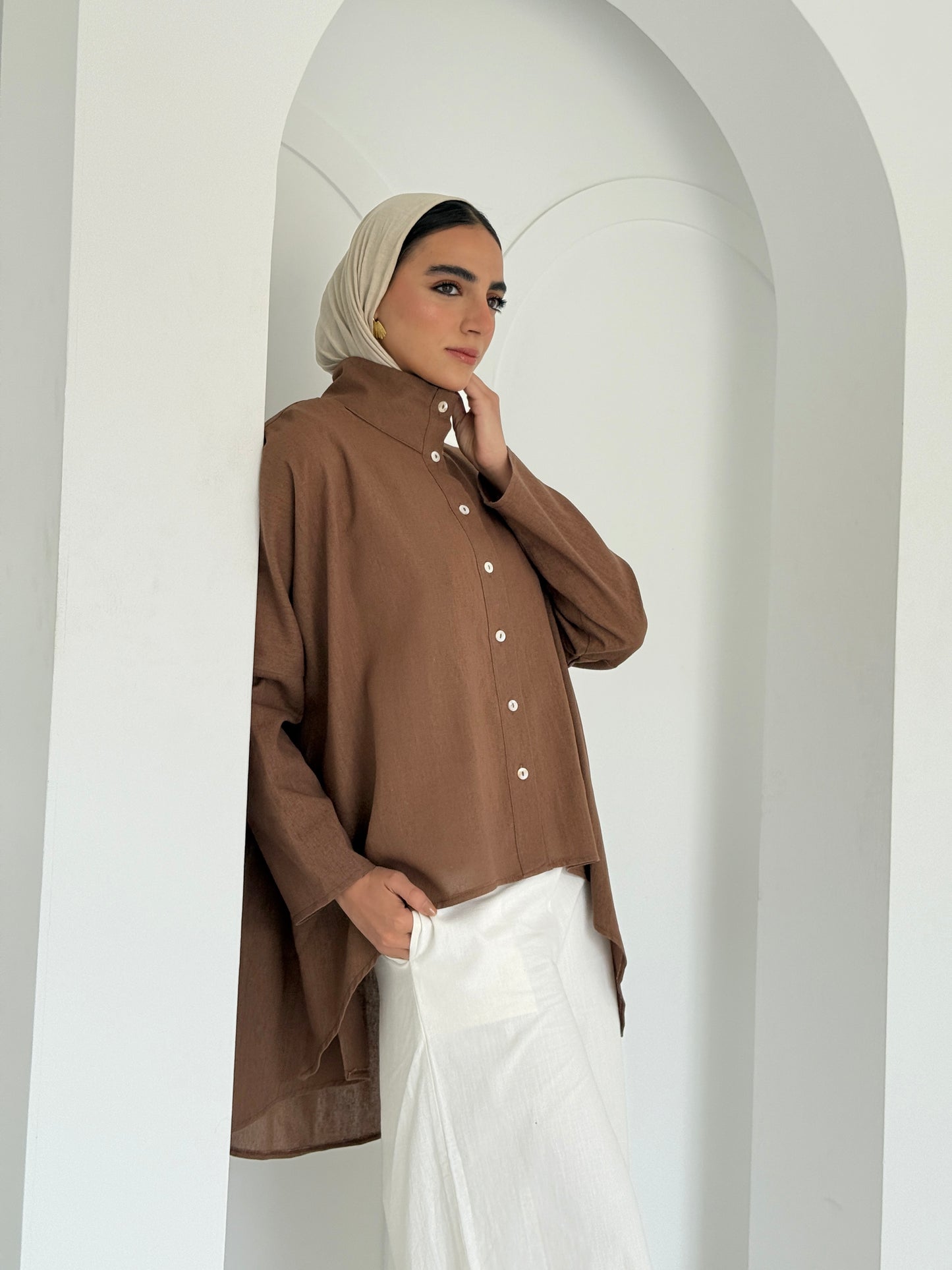 Buttoned Linen Top - Brown