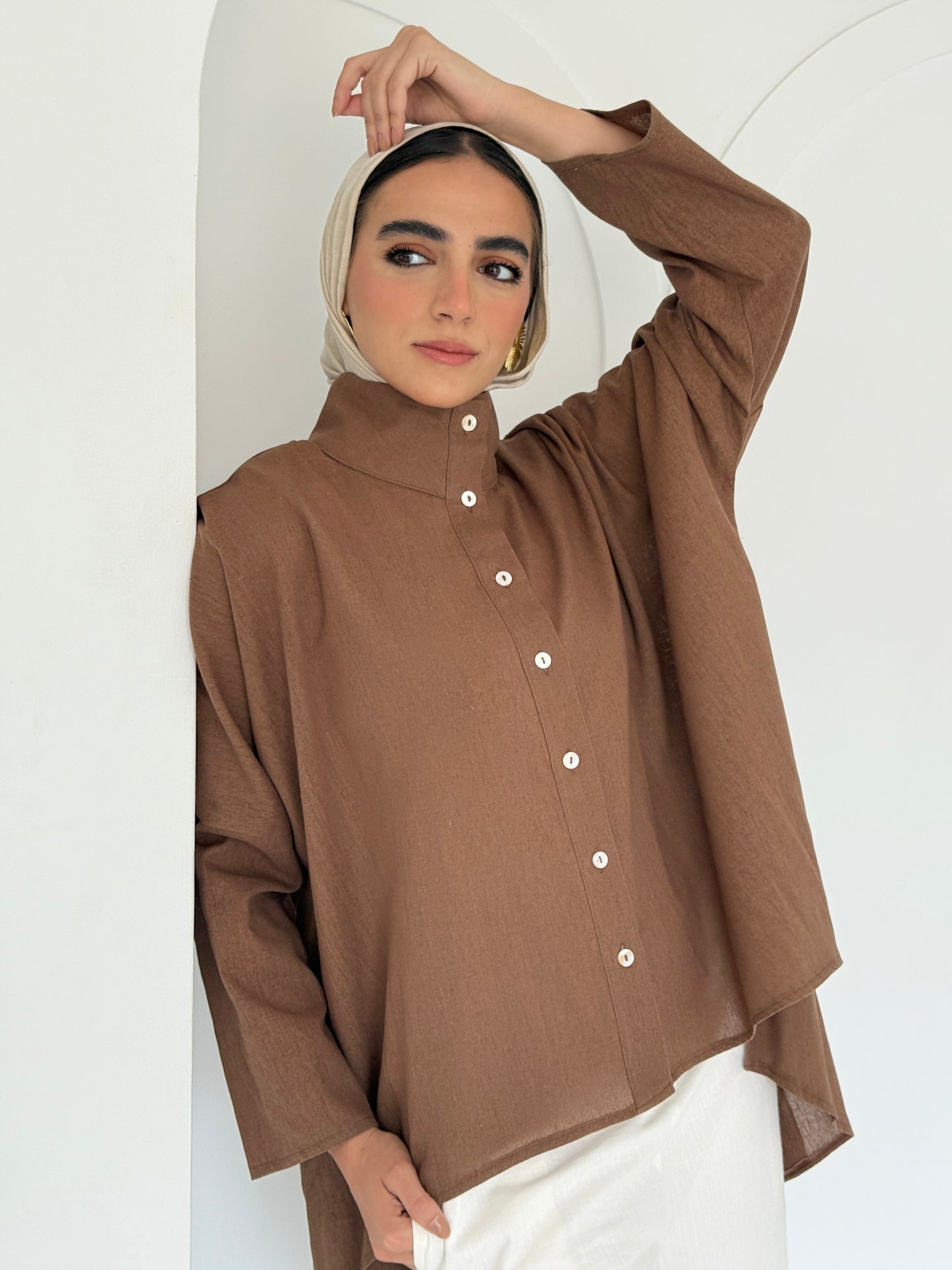 Buttoned Linen Top - Brown