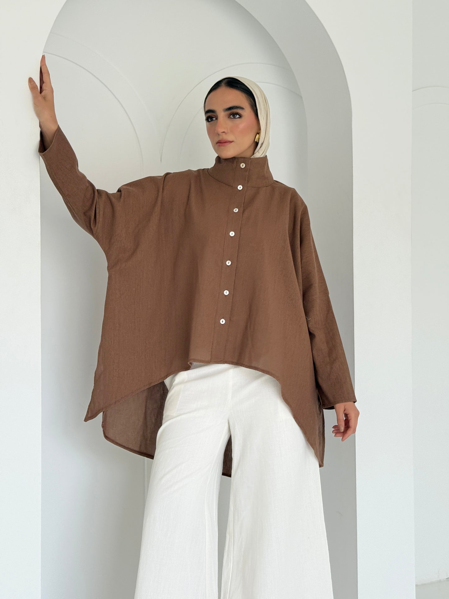 Buttoned Linen Top - Brown