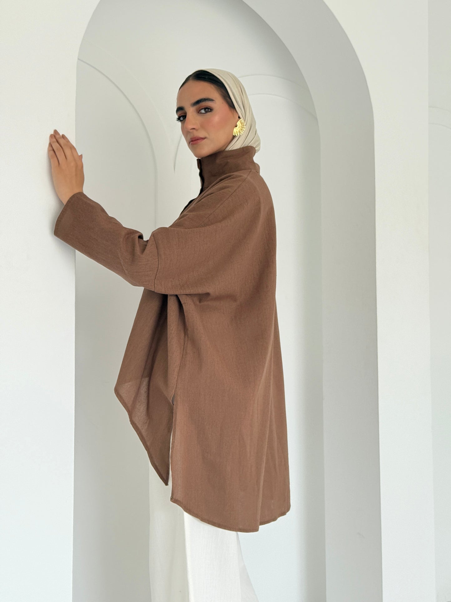 Buttoned Linen Top - Brown