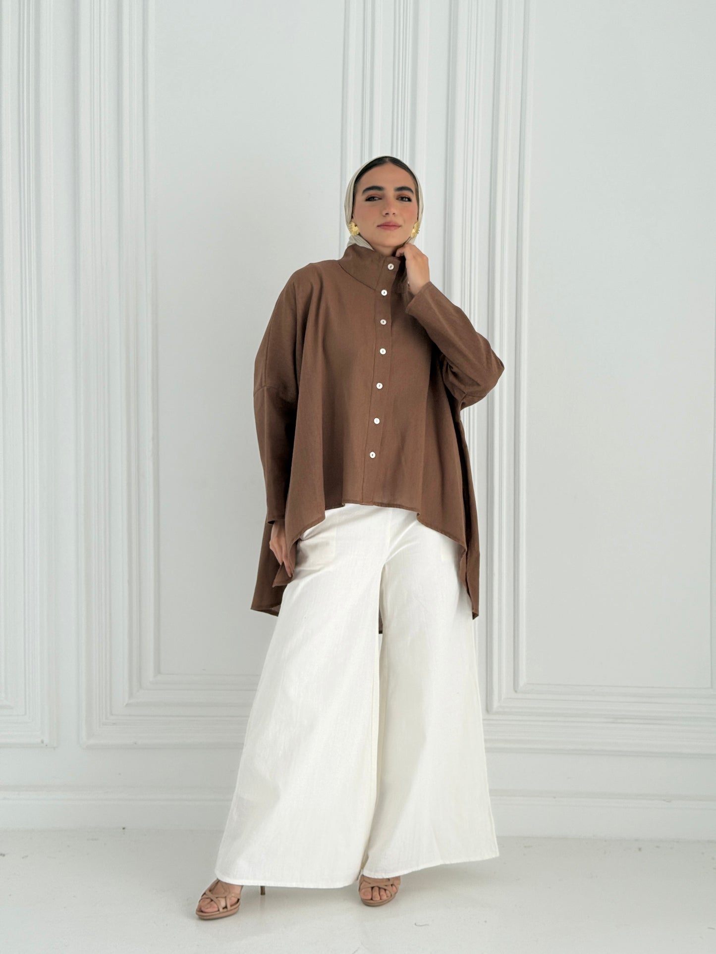 Buttoned Linen Top - Brown