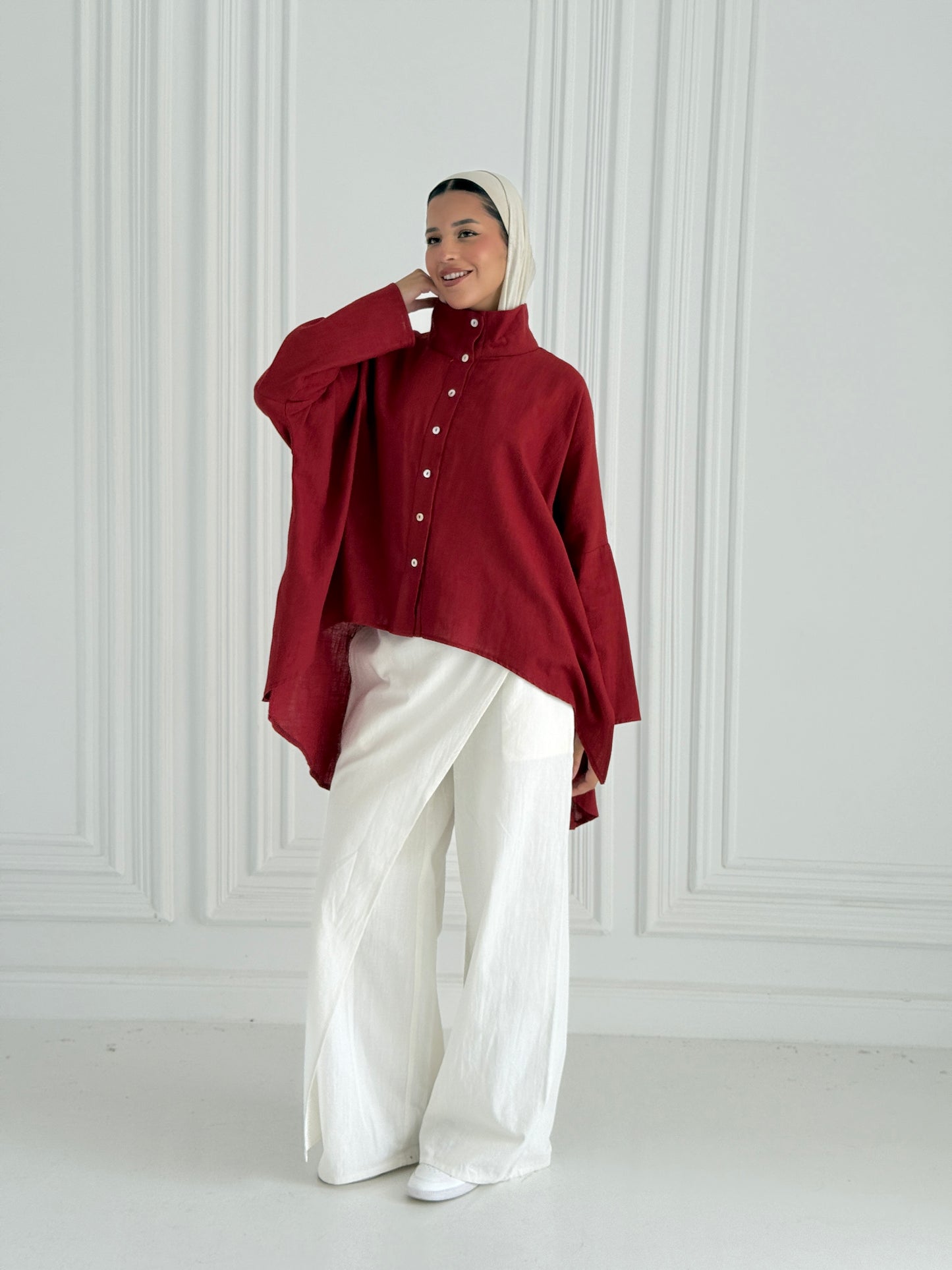 Buttoned Linen Top - Warm Red