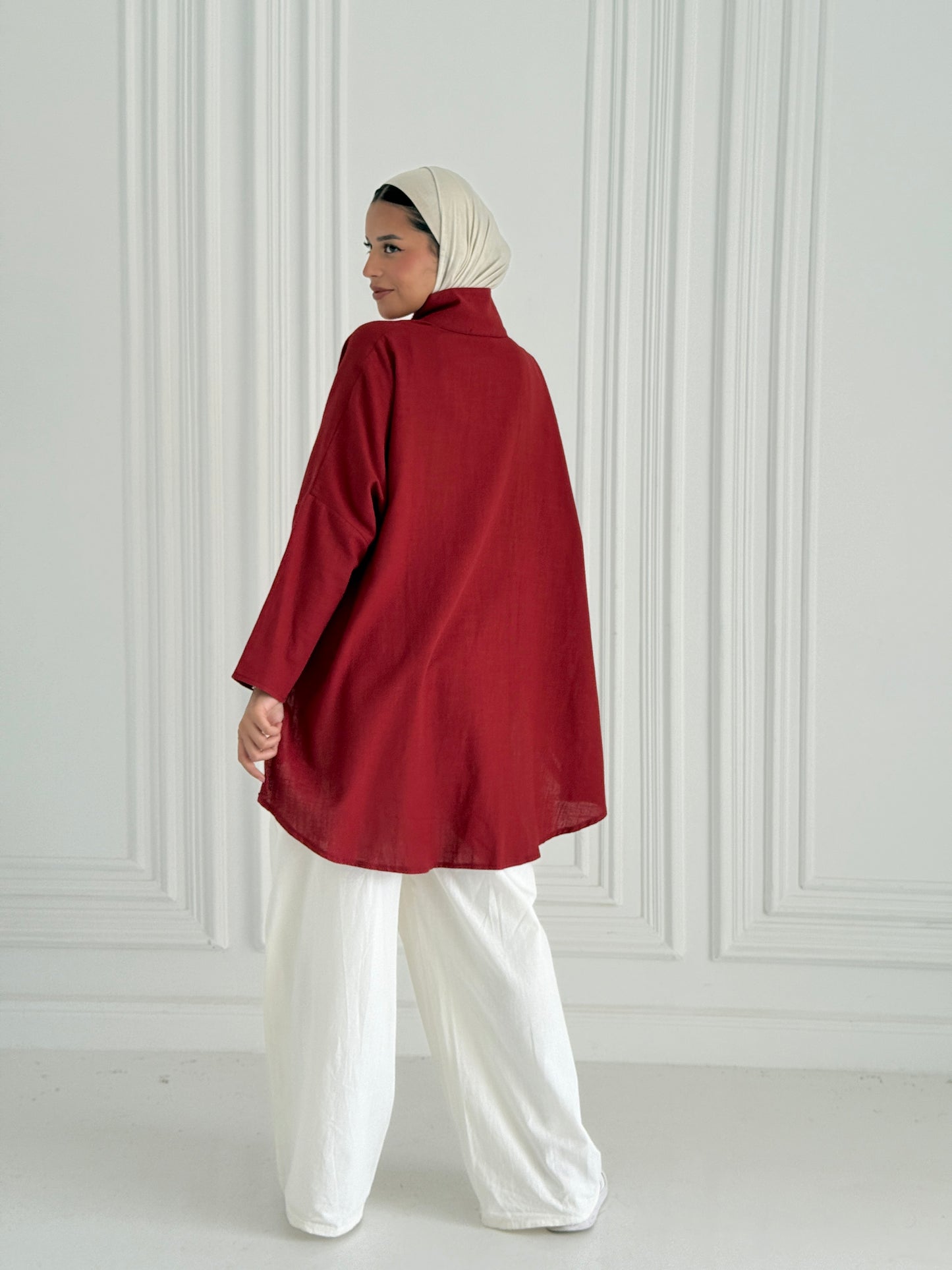 Buttoned Linen Top - Warm Red