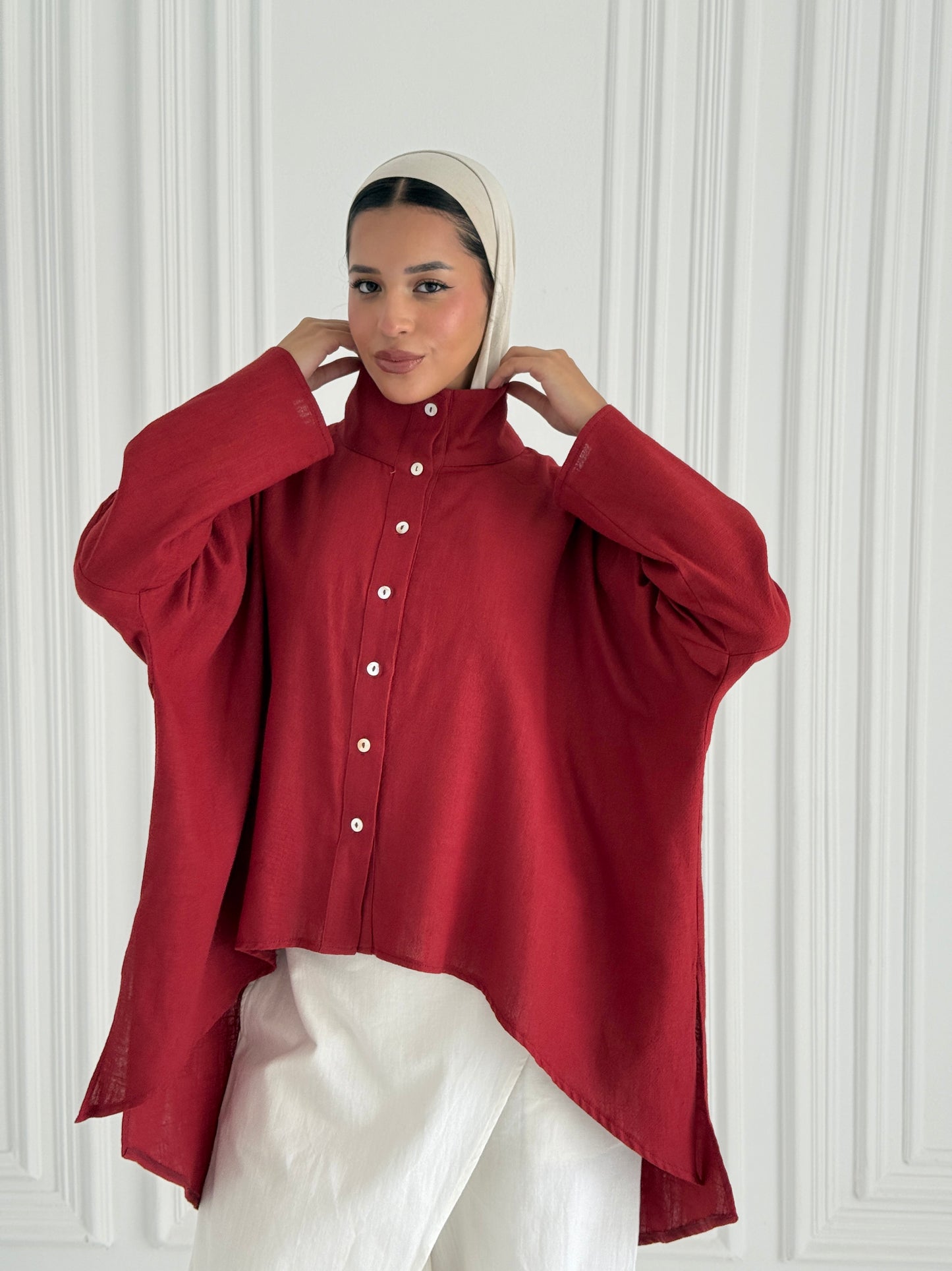 Buttoned Linen Top - Warm Red
