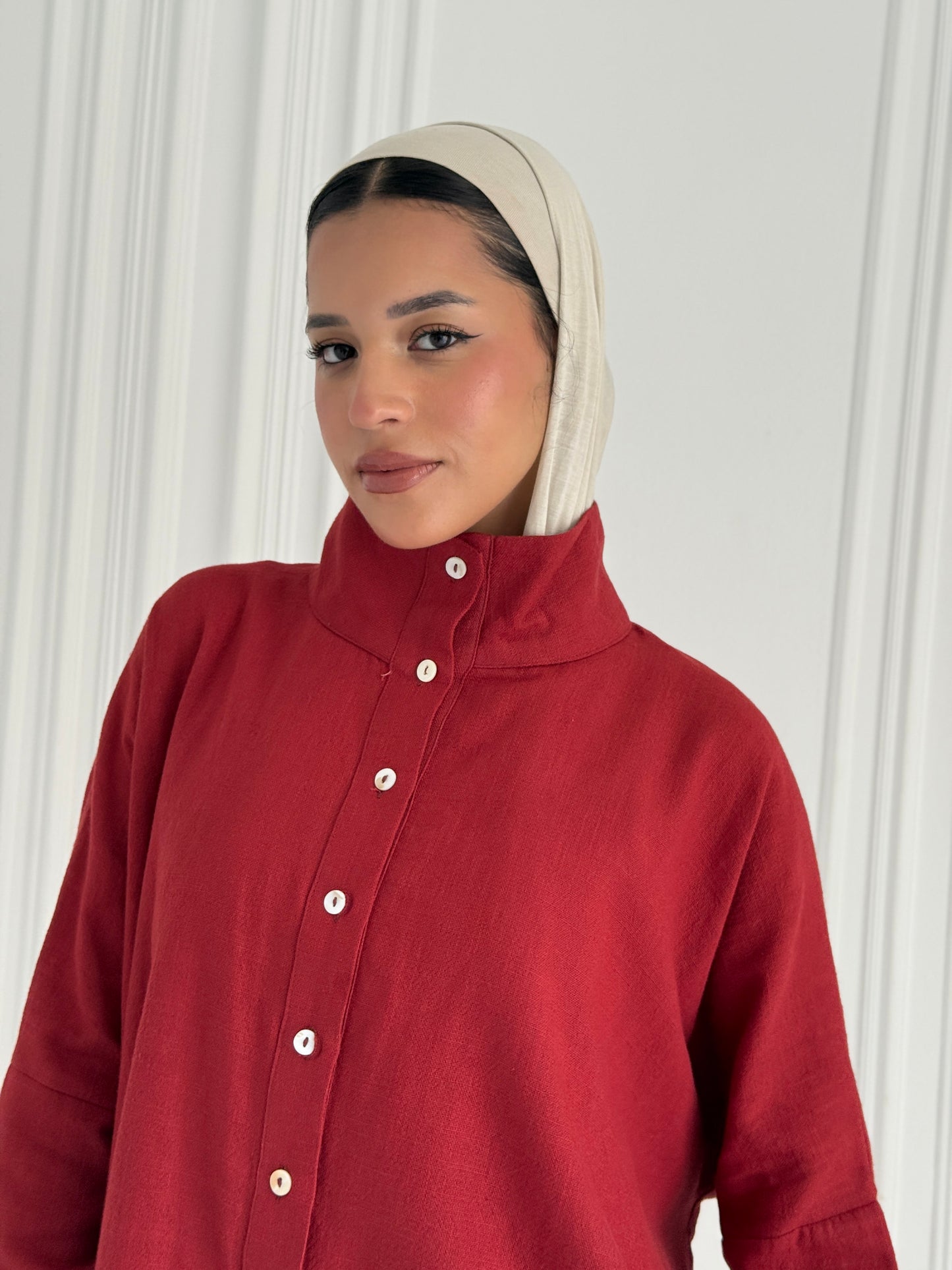 Buttoned Linen Top - Warm Red