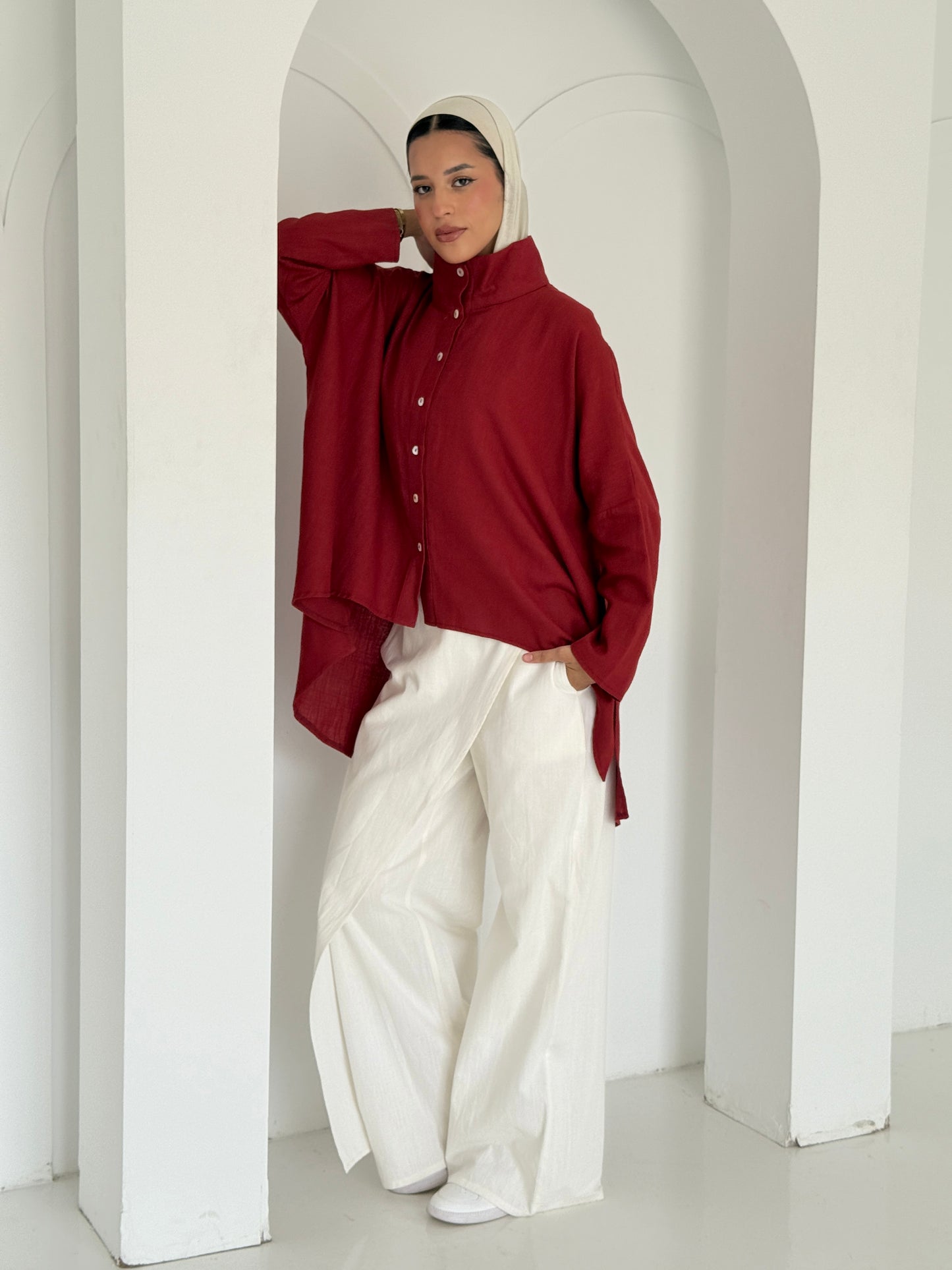 Buttoned Linen Top - Warm Red