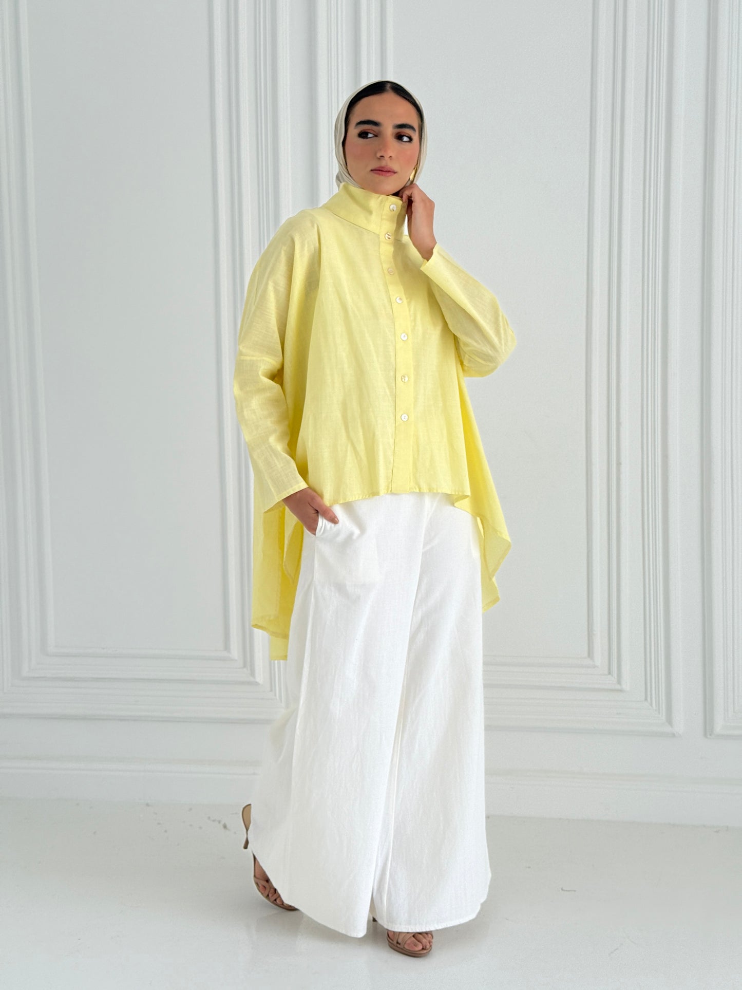 Buttoned Linen top - Yellow