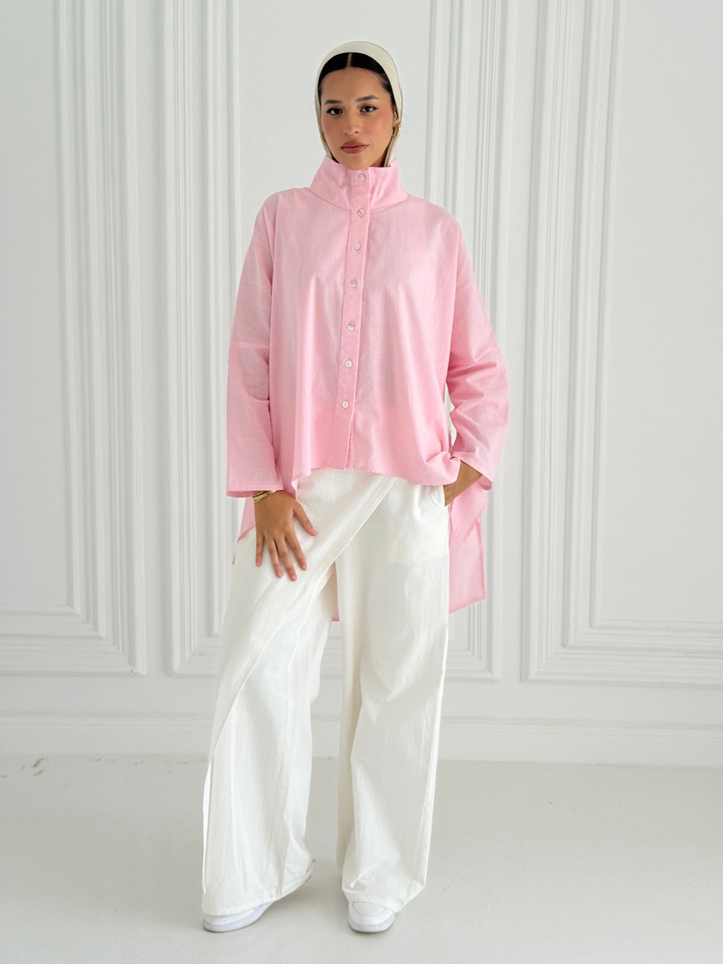 Buttoned Linen top - Pink
