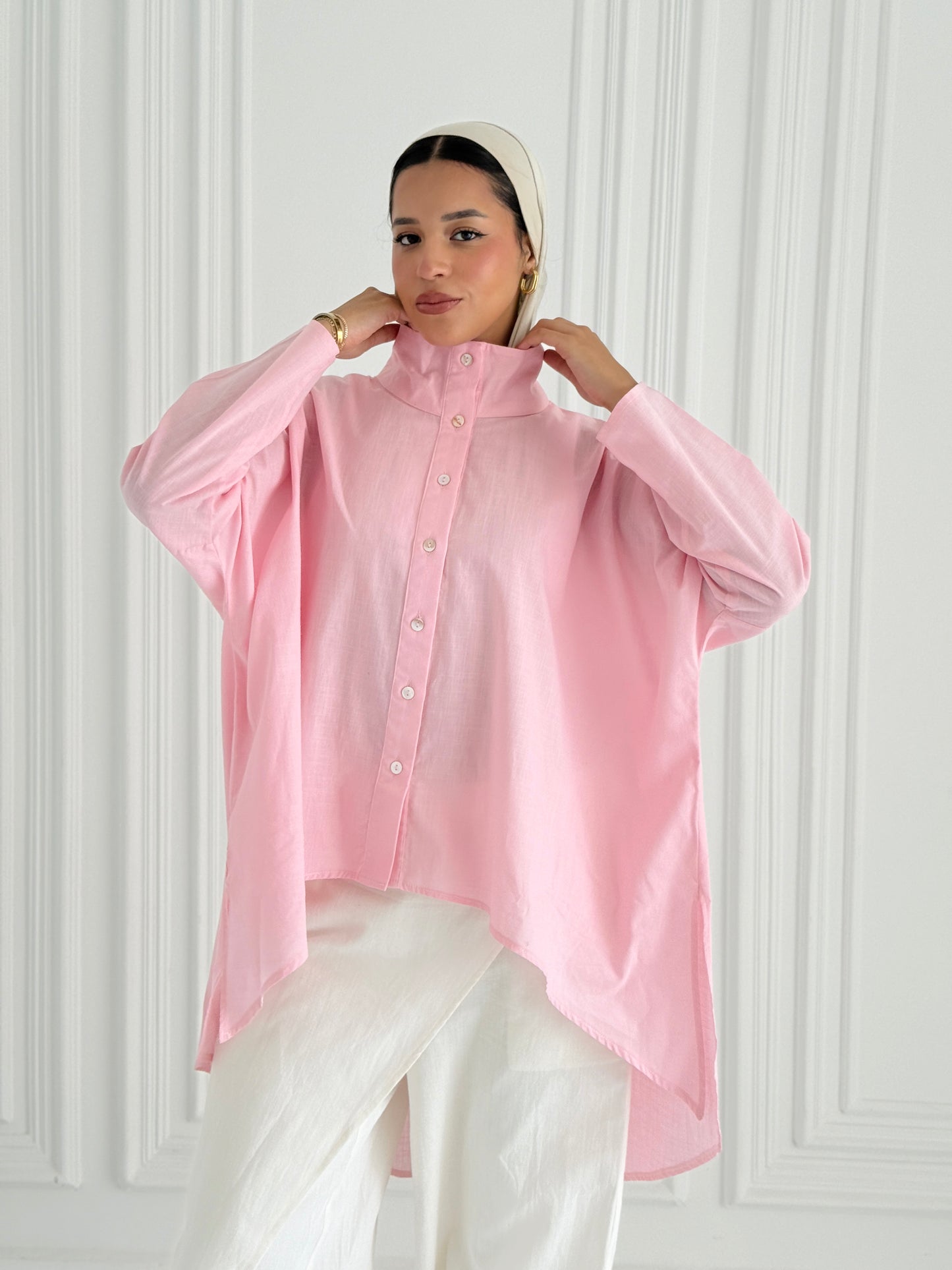 Buttoned Linen top - Pink