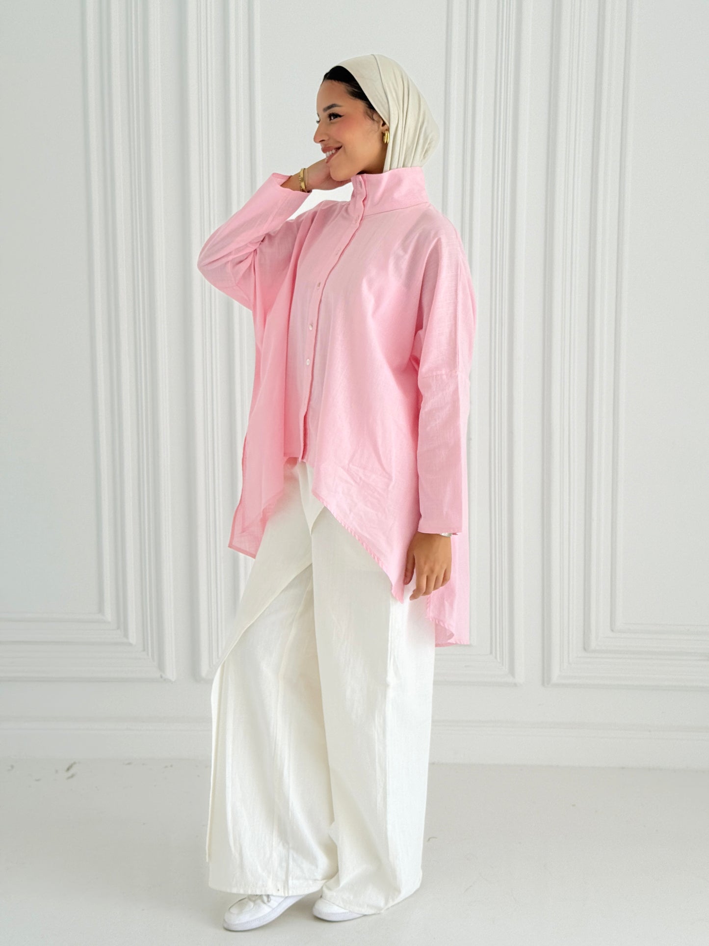 Buttoned Linen top - Pink
