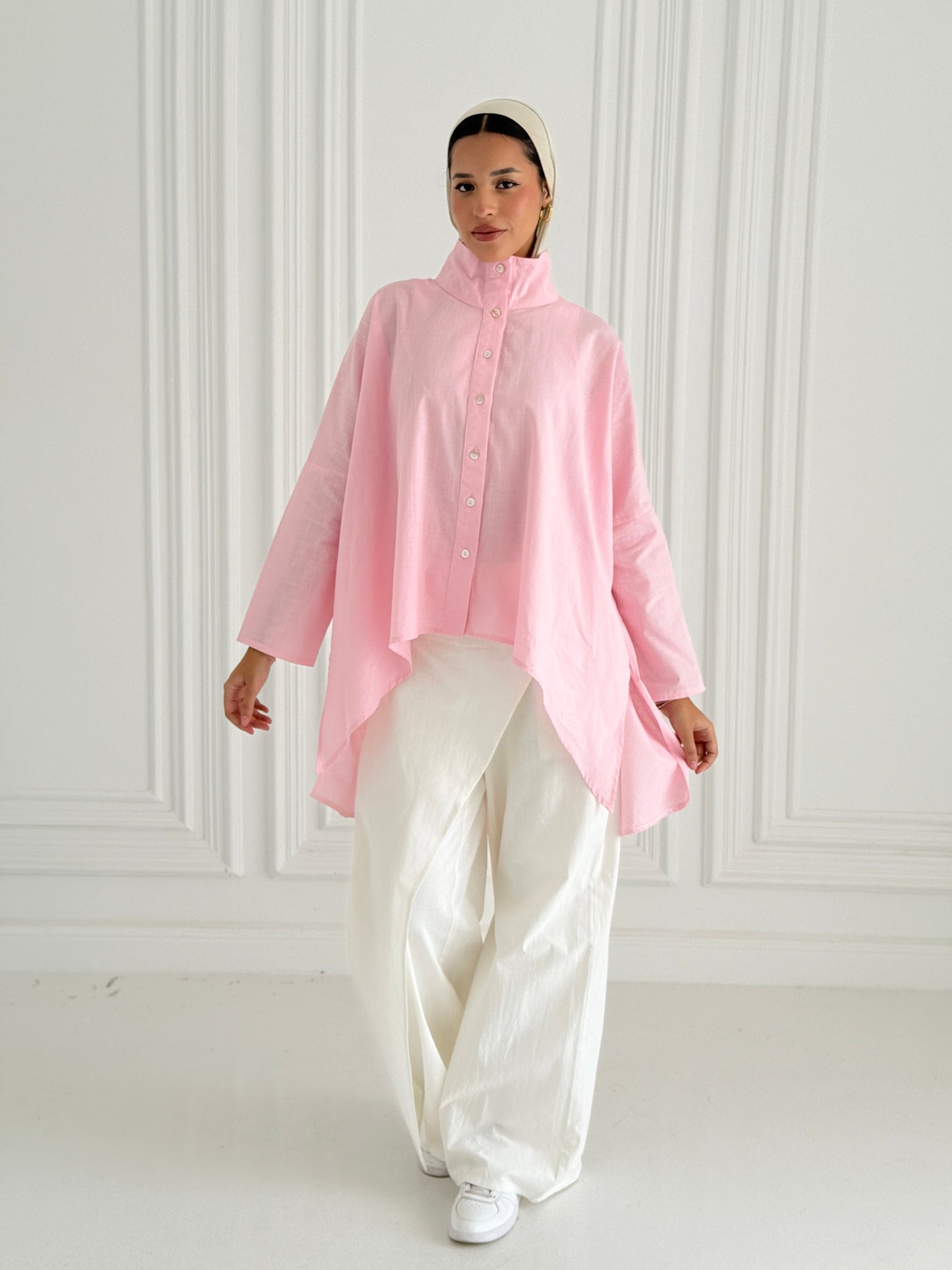 Buttoned Linen top - Pink