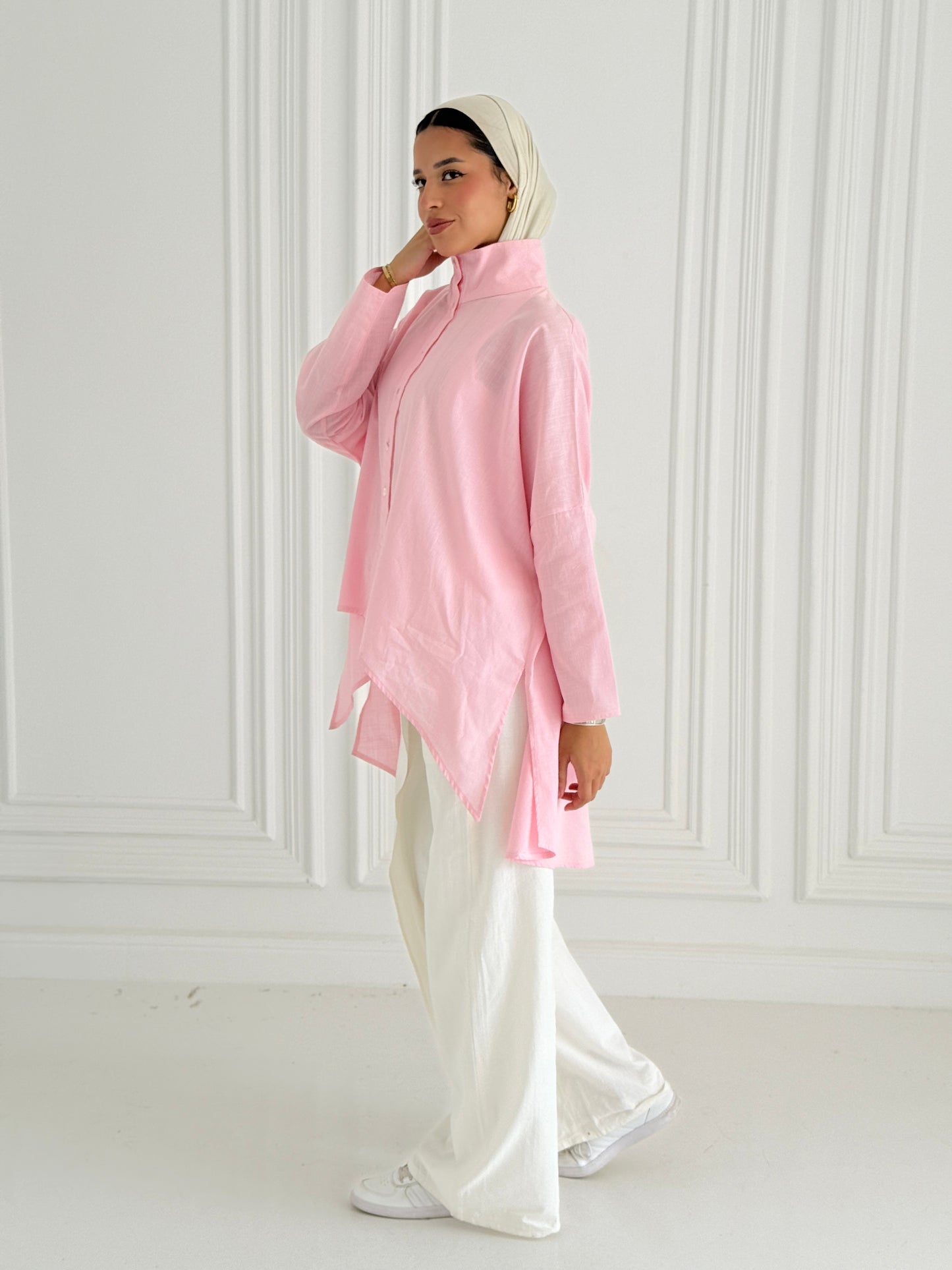 Buttoned Linen top - Pink