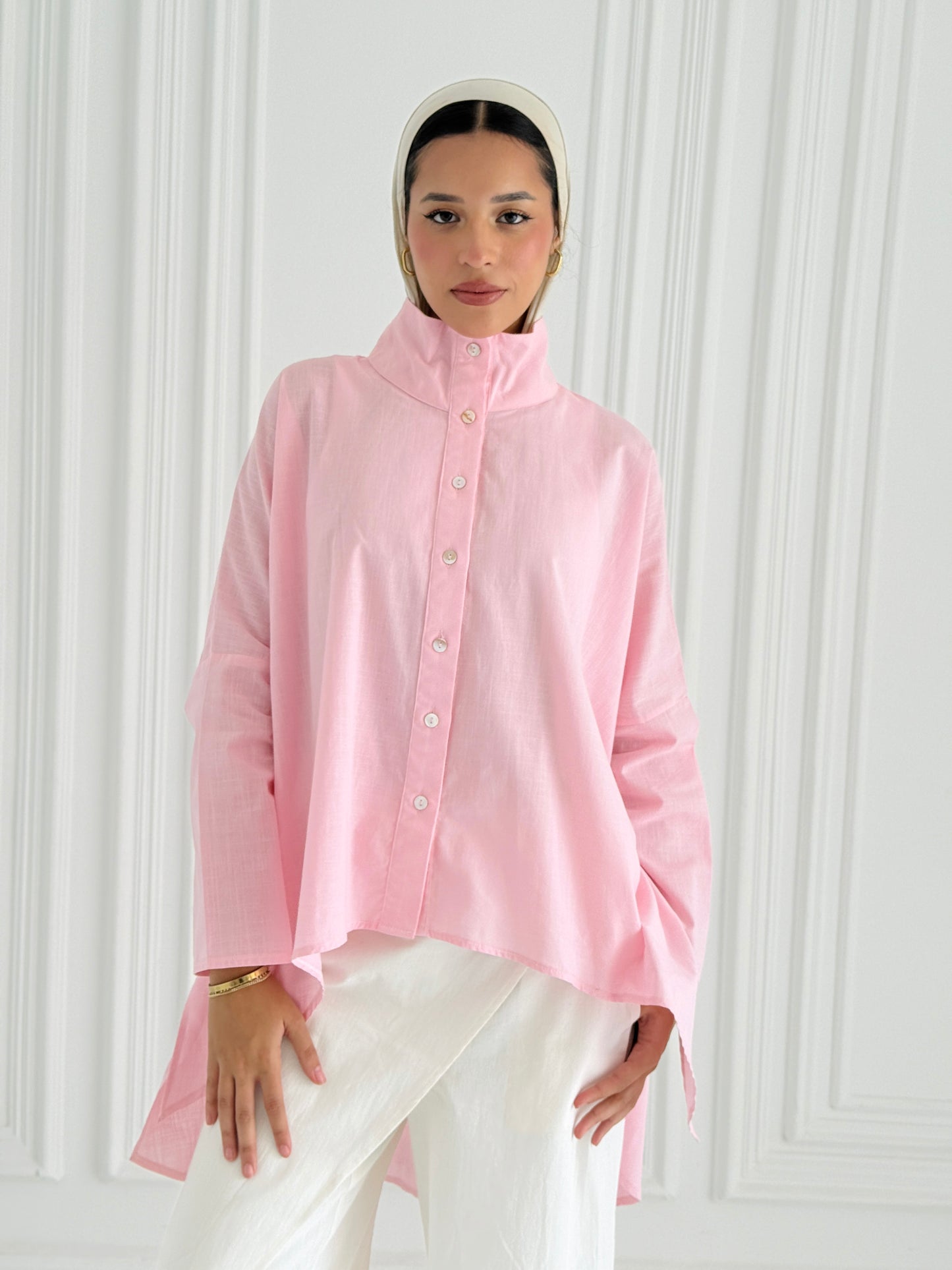 Buttoned Linen top - Pink