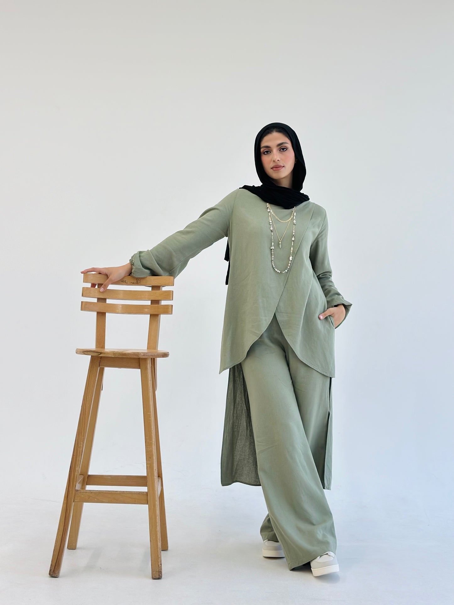 Linen Wrap set with Regular Pants - Olive