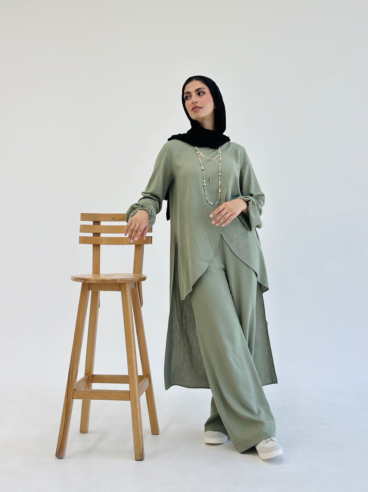 Linen Wrap set with Regular Pants - Olive