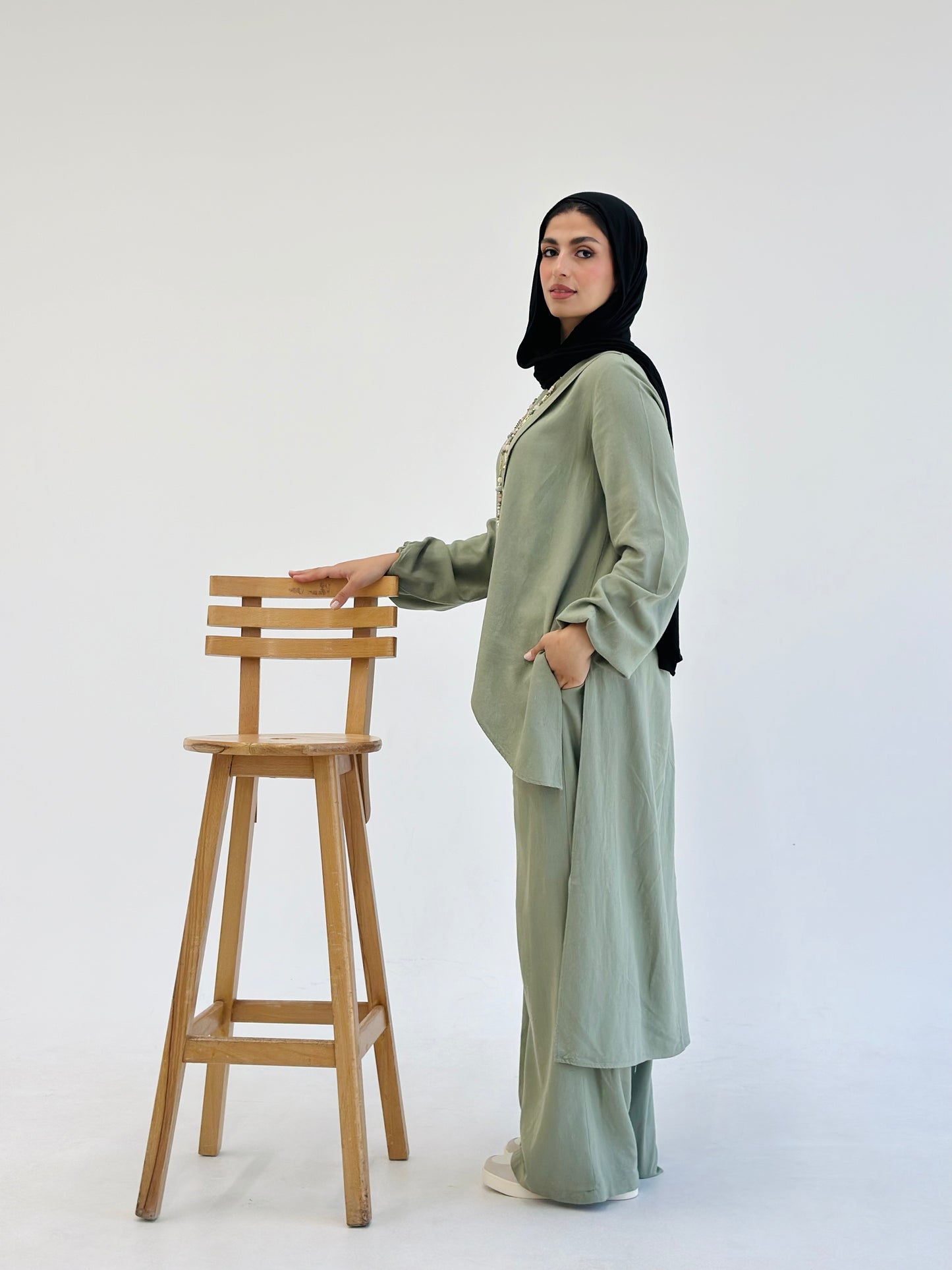 Linen Wrap set with Regular Pants - Olive