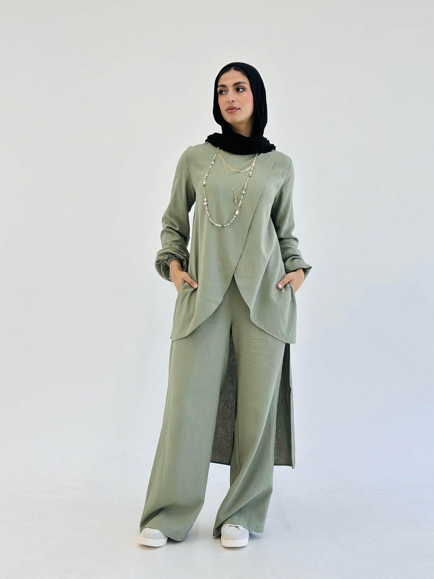 Linen Wrap set with Regular Pants - Olive