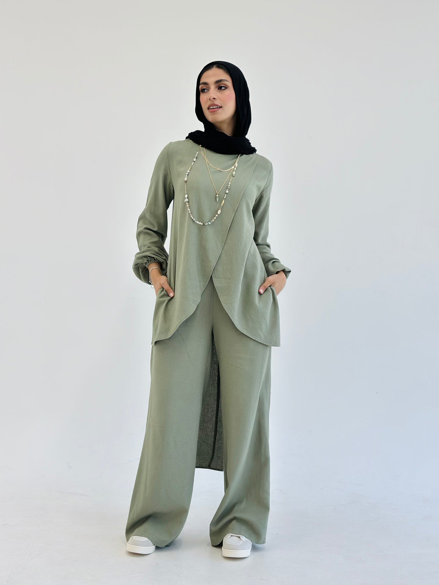 Linen Wrap set with Regular Pants - Olive