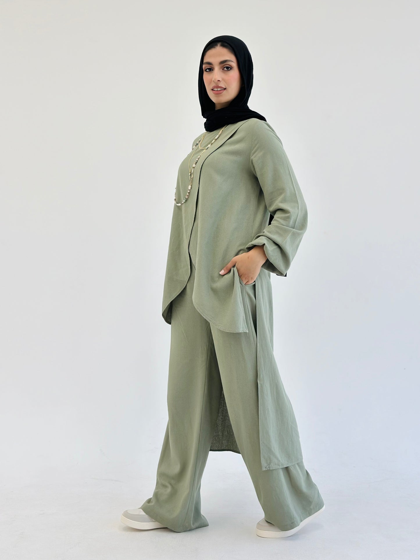 Linen Wrap set with Regular Pants - Olive