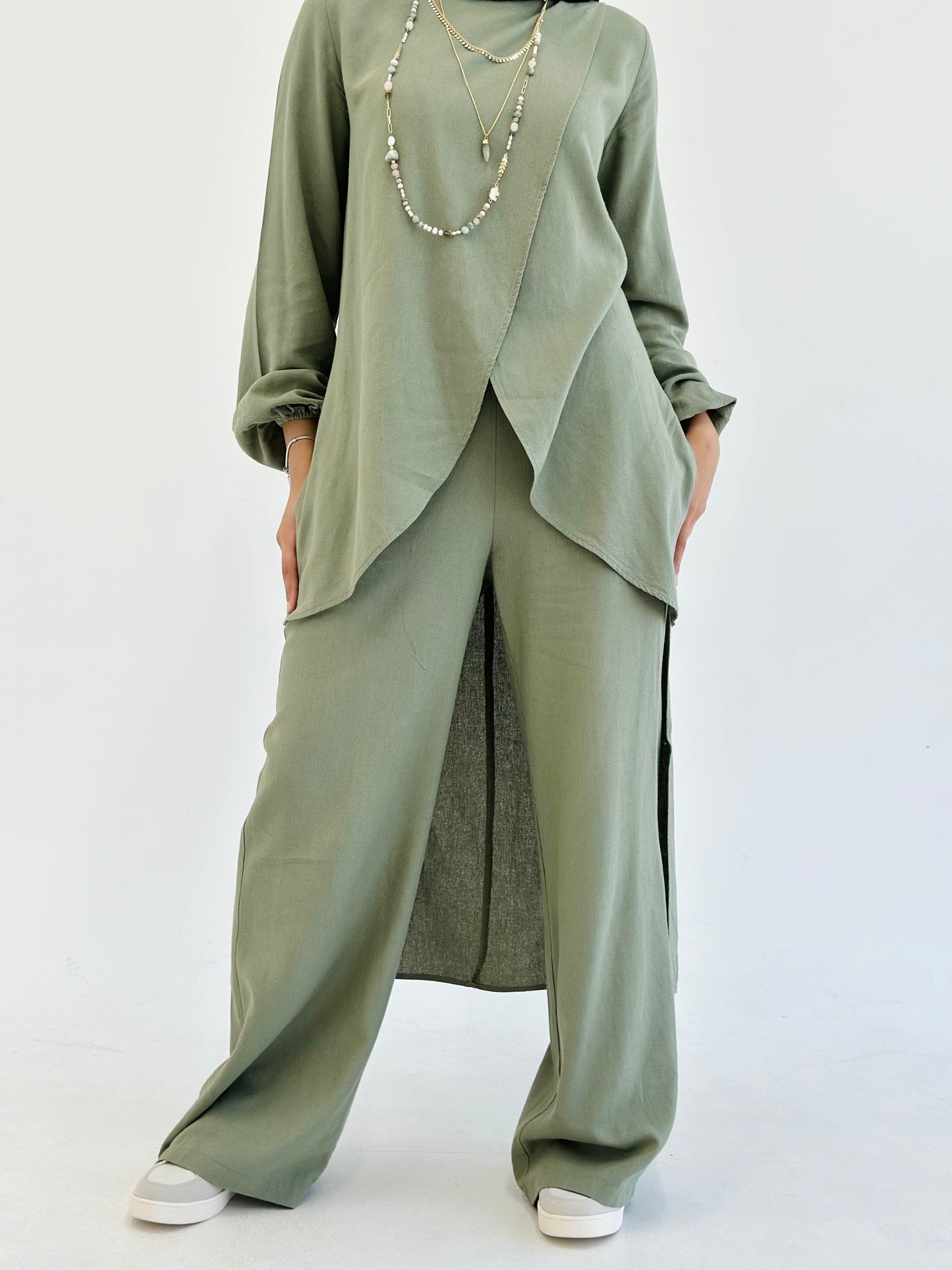 Linen Wrap set with Regular Pants - Olive
