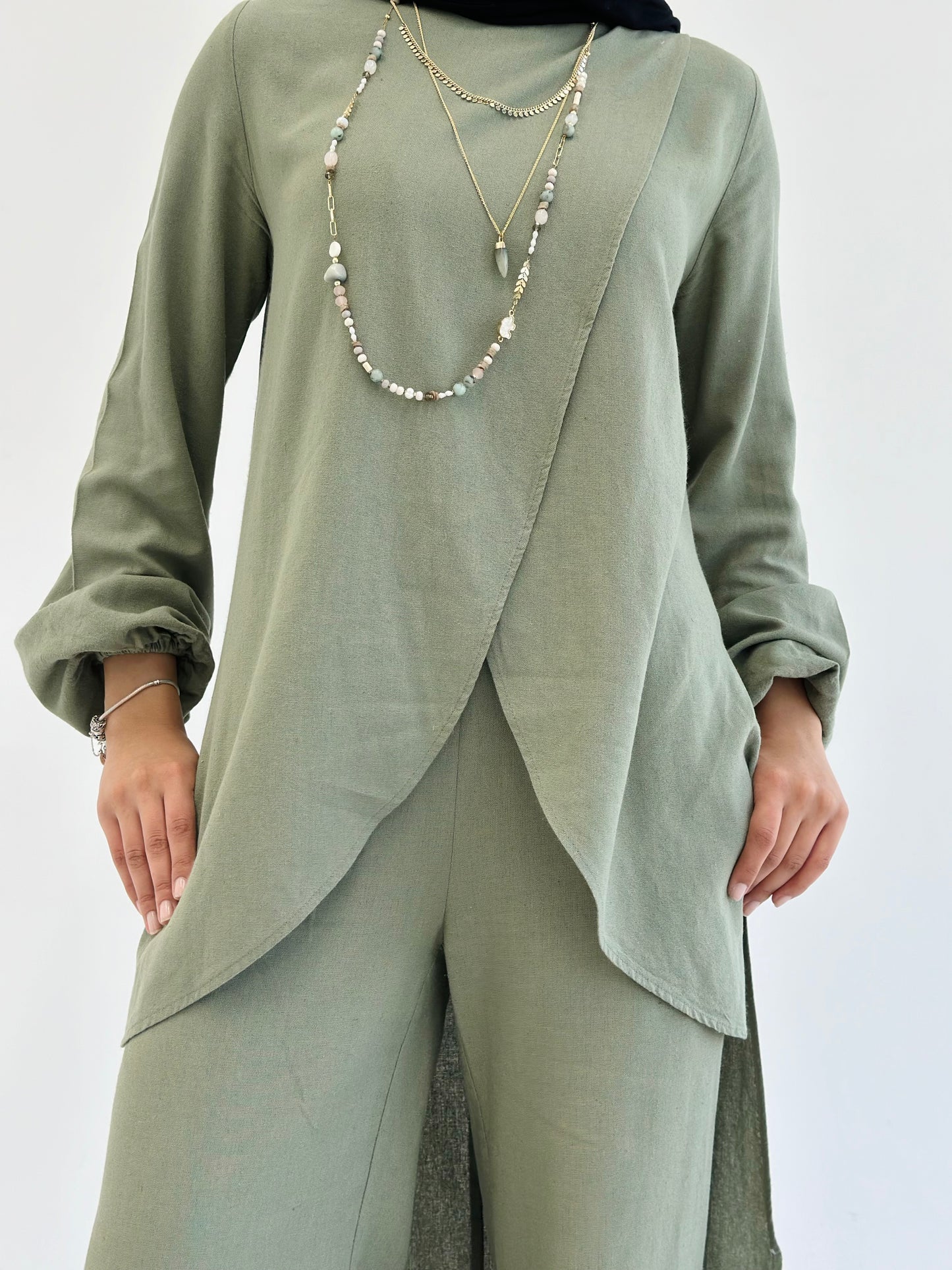 Linen Wrap set with Regular Pants - Olive