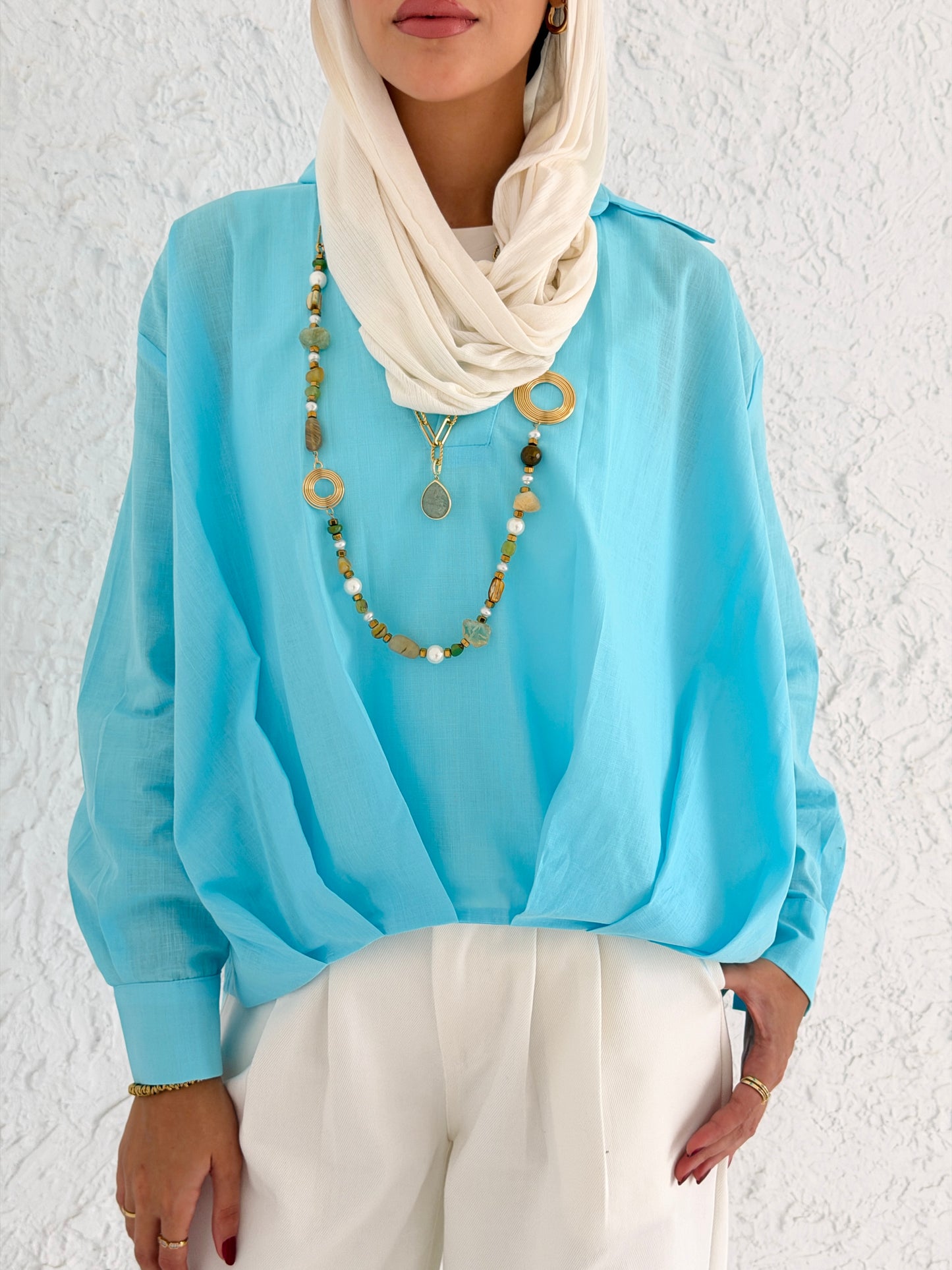 Linen Shirt With Balloon Hem - Aqua