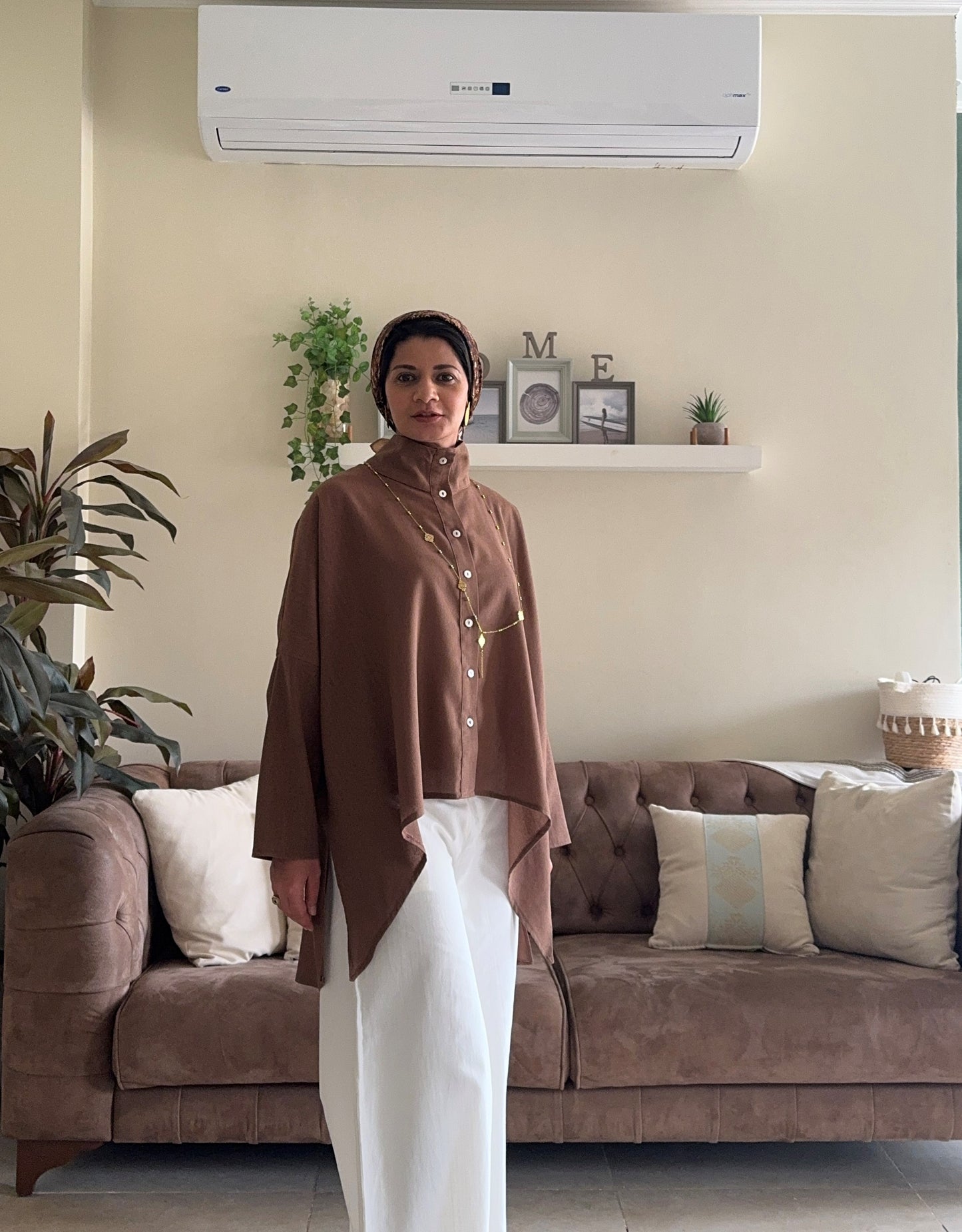 Buttoned Linen Top - Brown
