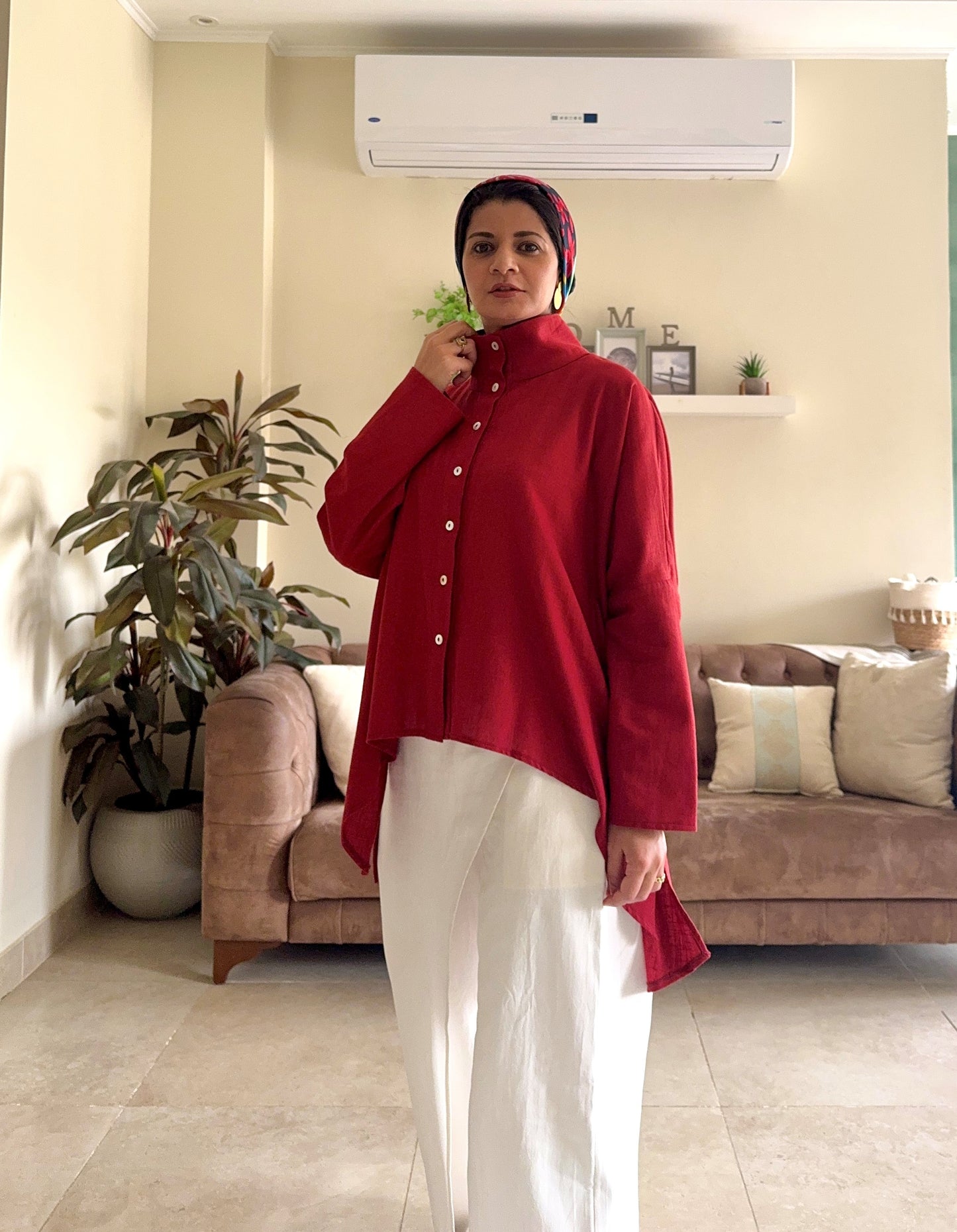 Buttoned Linen Top - Warm Red