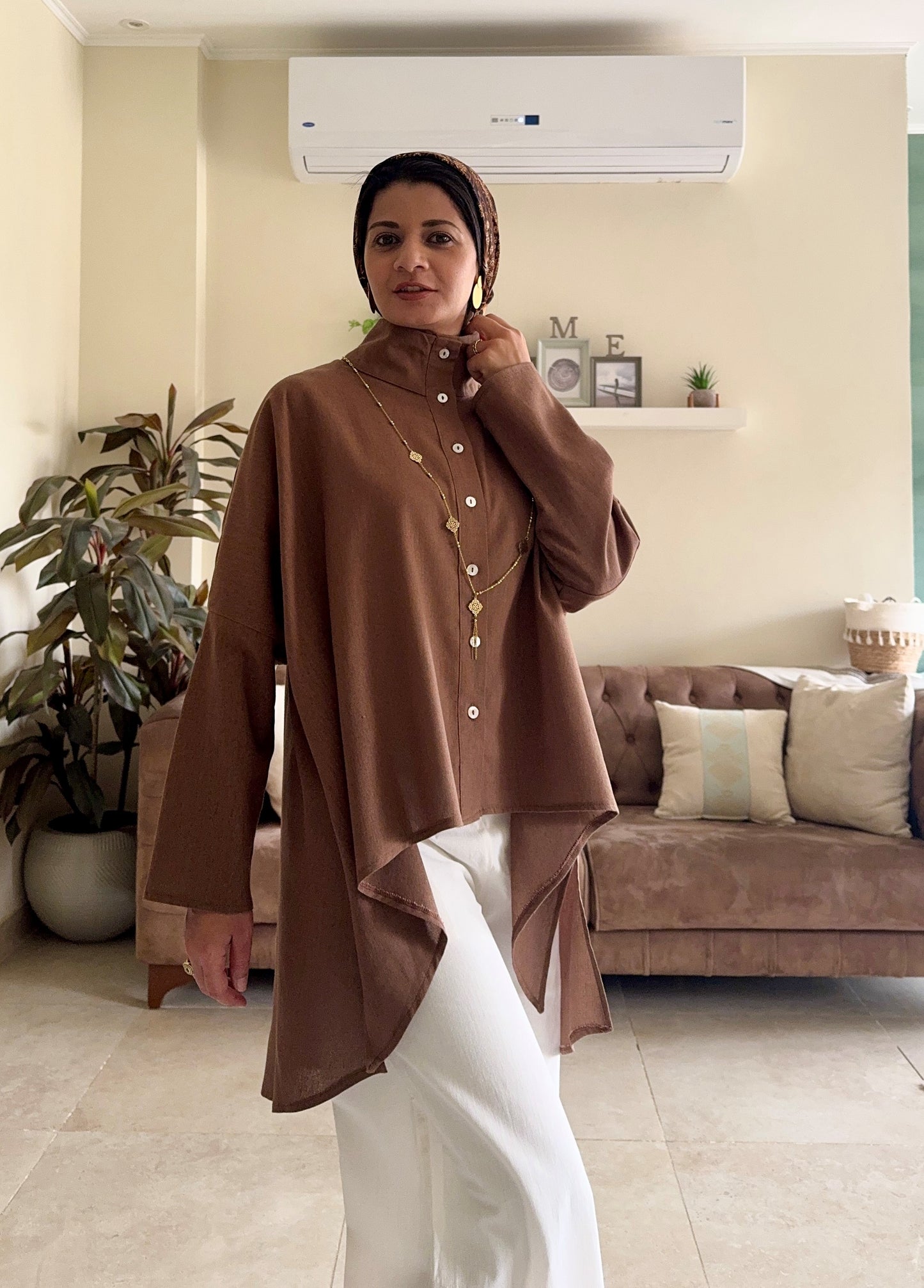 Buttoned Linen Top - Brown