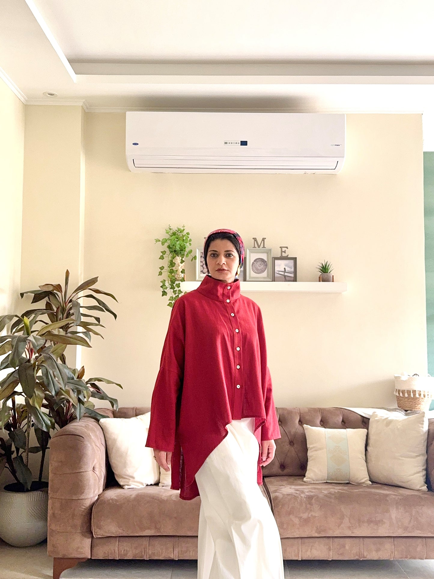 Buttoned Linen Top - Warm Red