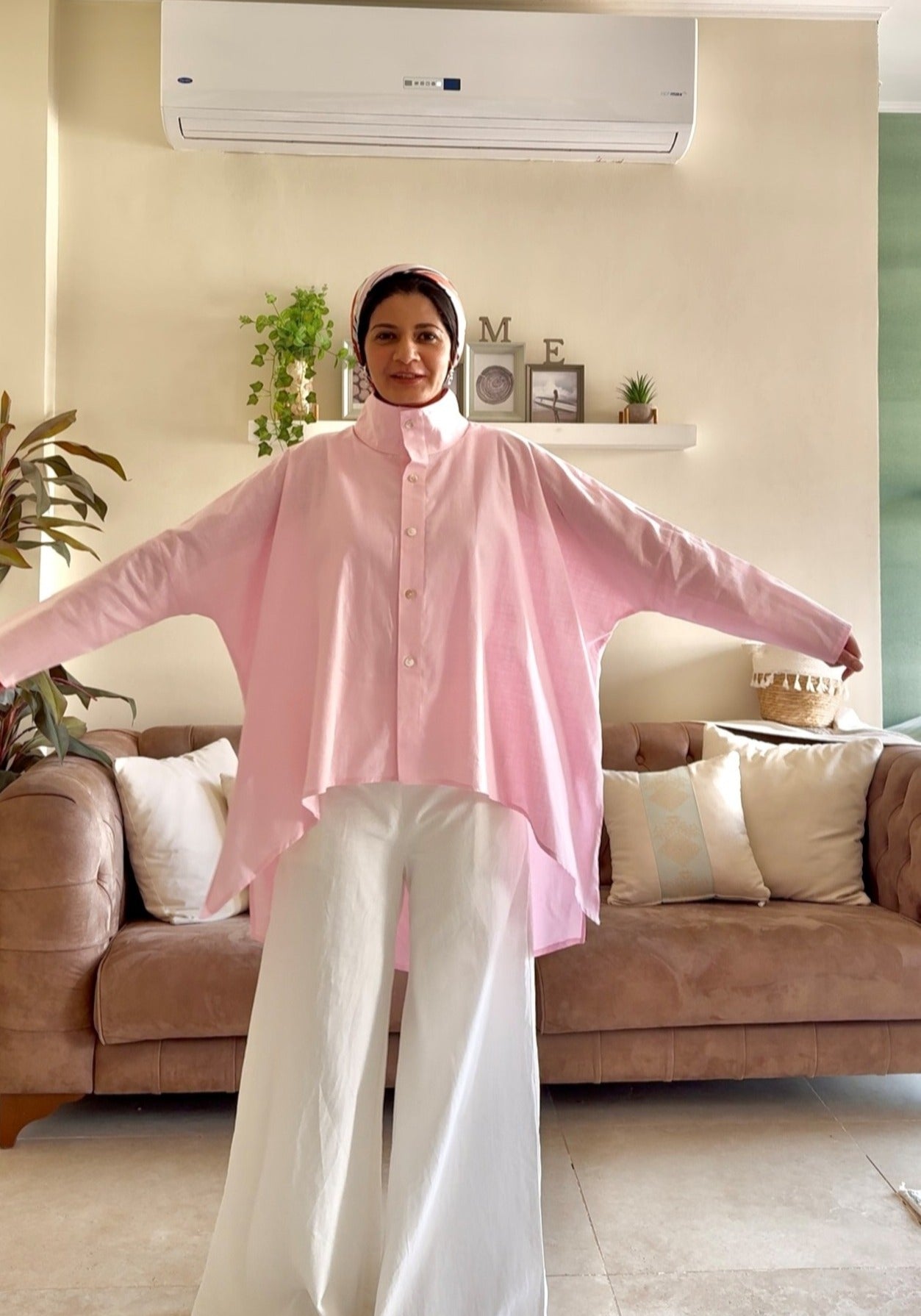 Buttoned Linen top - Pink