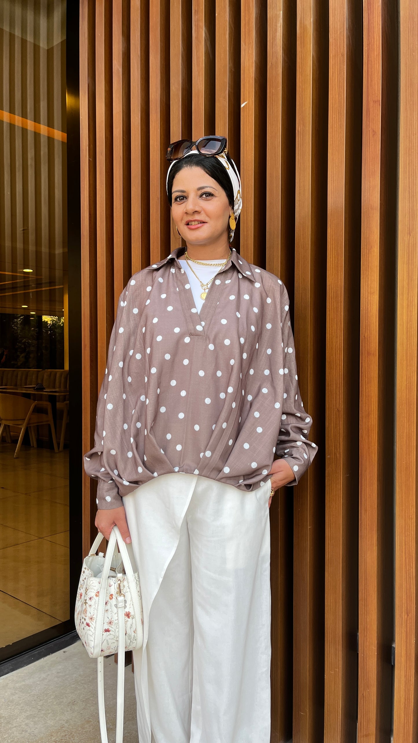 Linen Shirt Balloon Hem - Polka Dot Brown