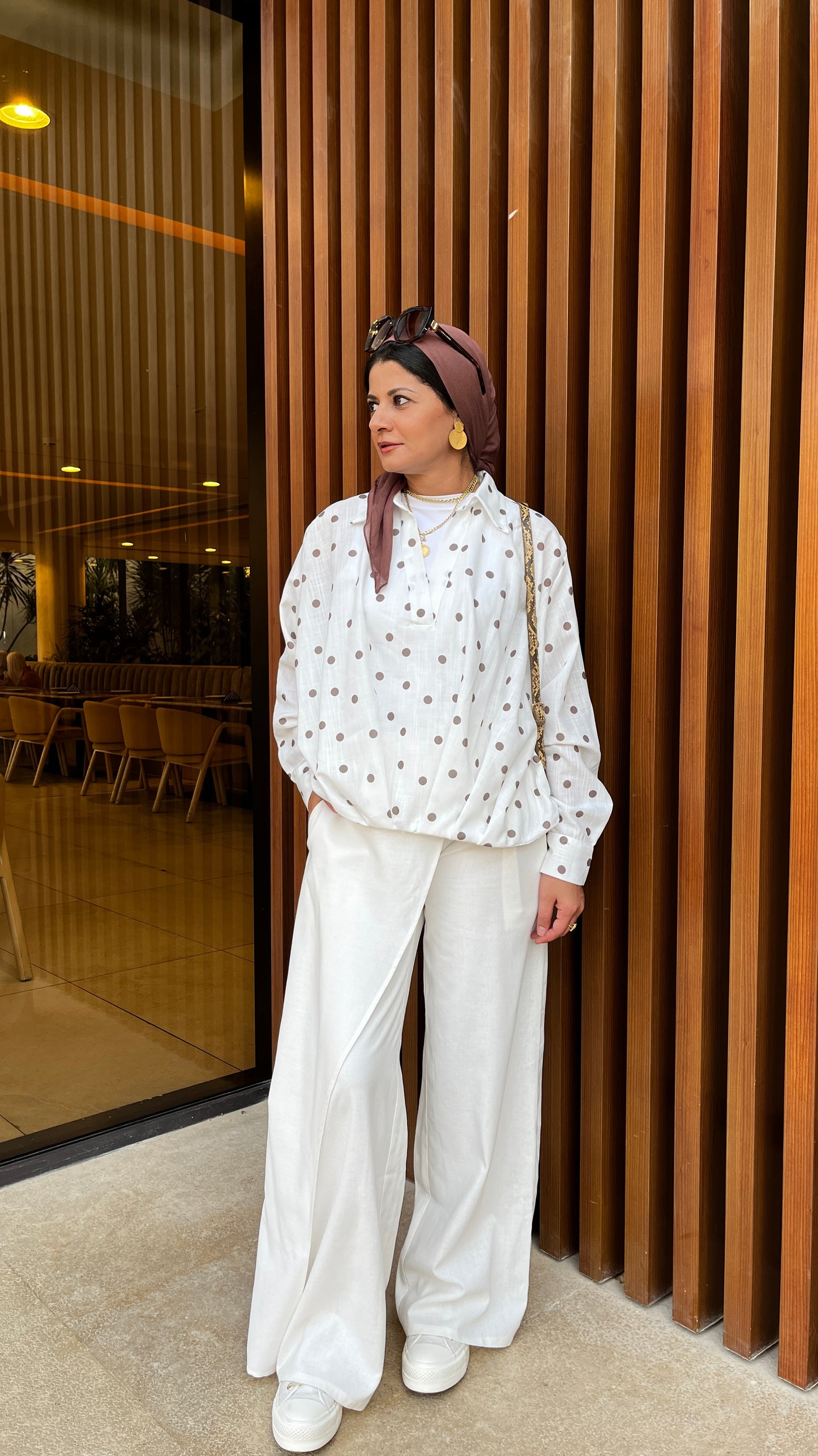 Linen Shirt Balloon Hem - Polka Dot White
