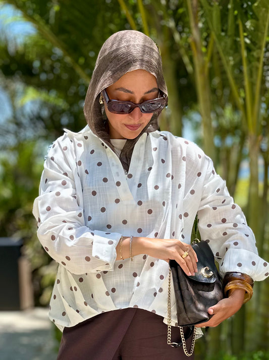 Linen Shirt Balloon Hem - Polka Dot White