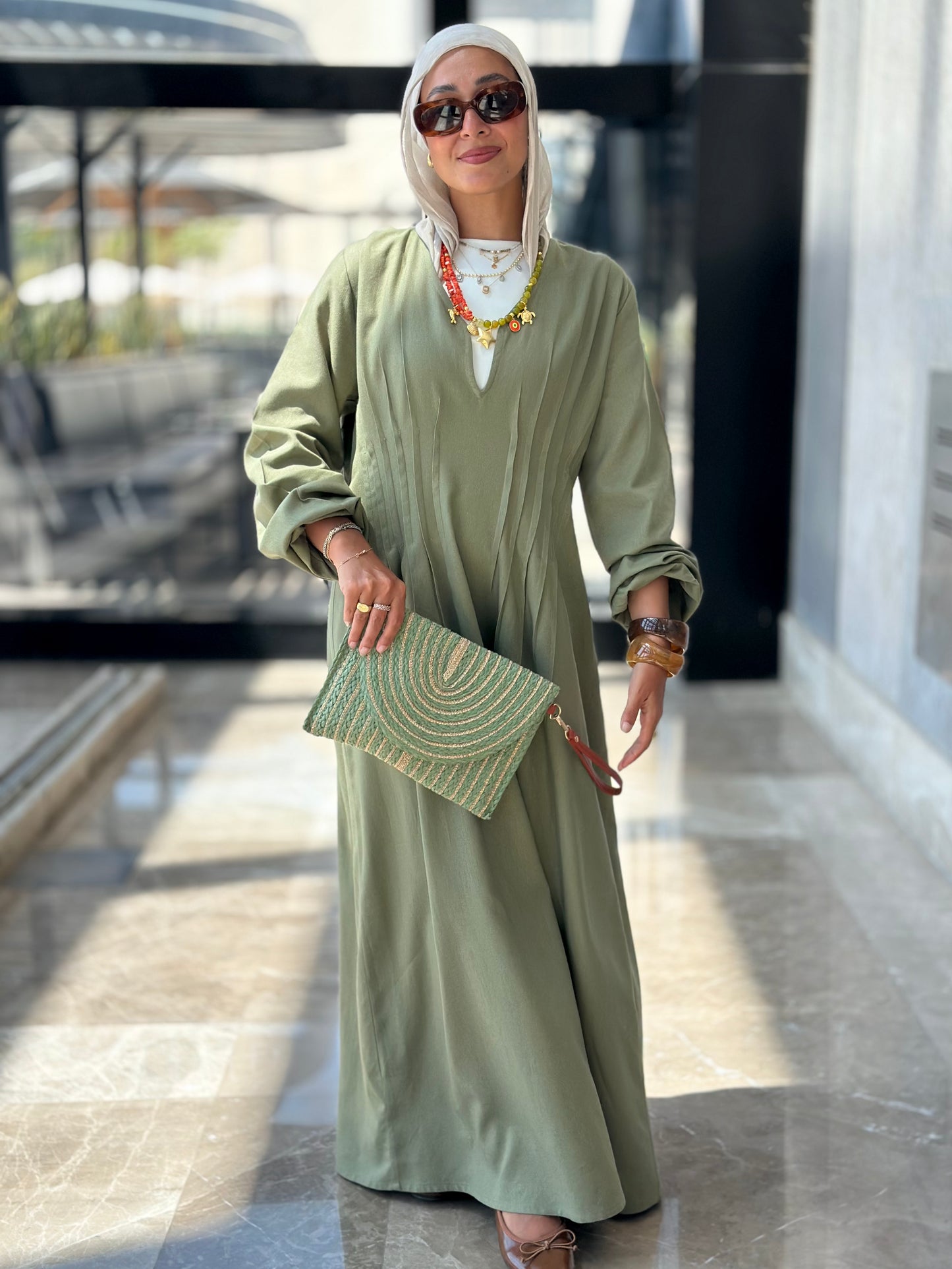 Nefertari Pleats Dress - Olive