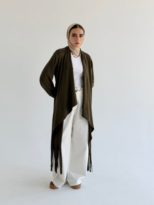 Knit Fringes Cardigan -Olive
