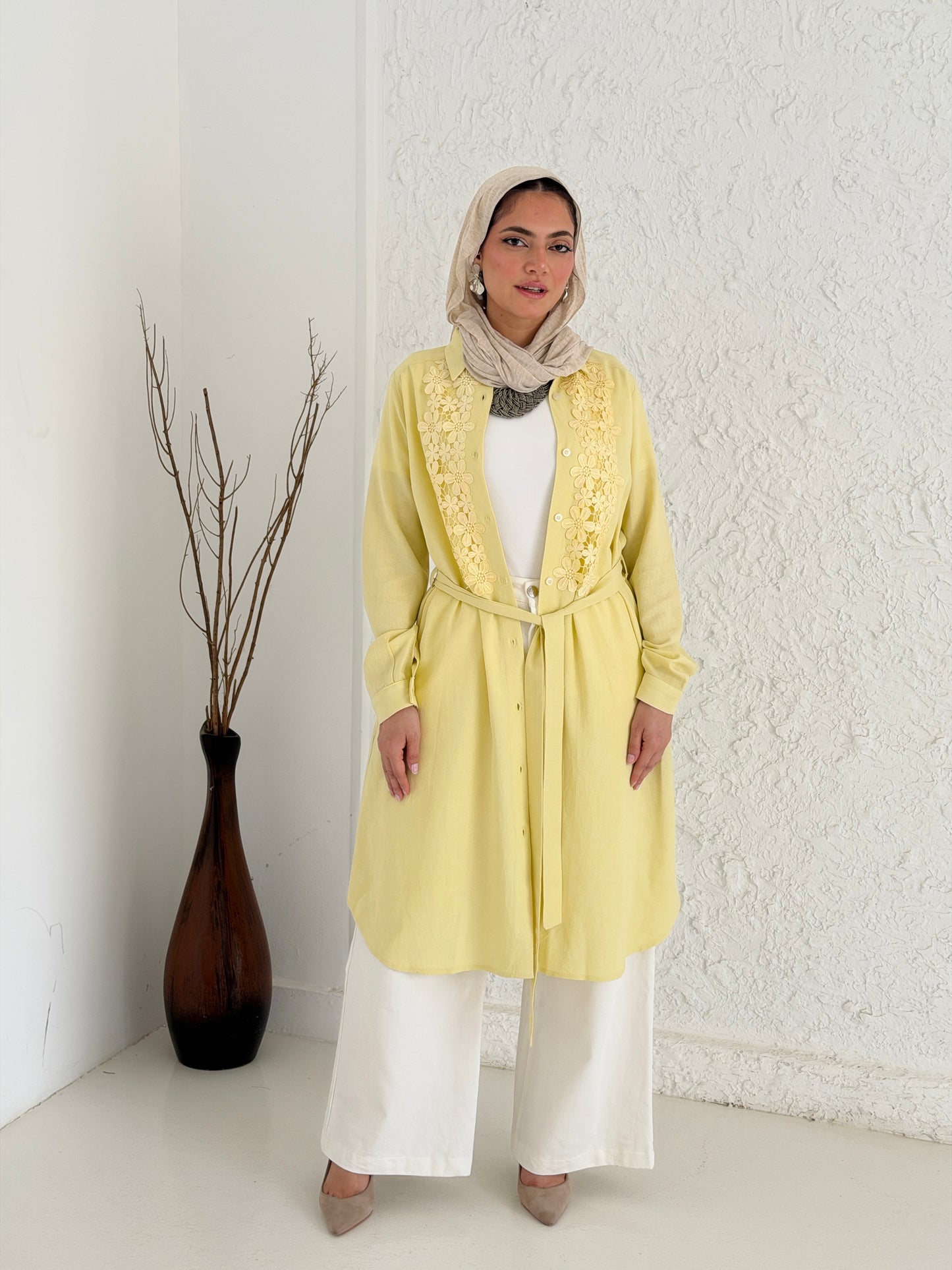 Linen Shirt with Embroidery - Yellow