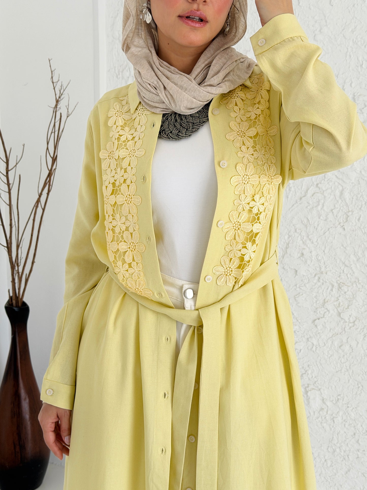 Linen Shirt with Embroidery - Yellow