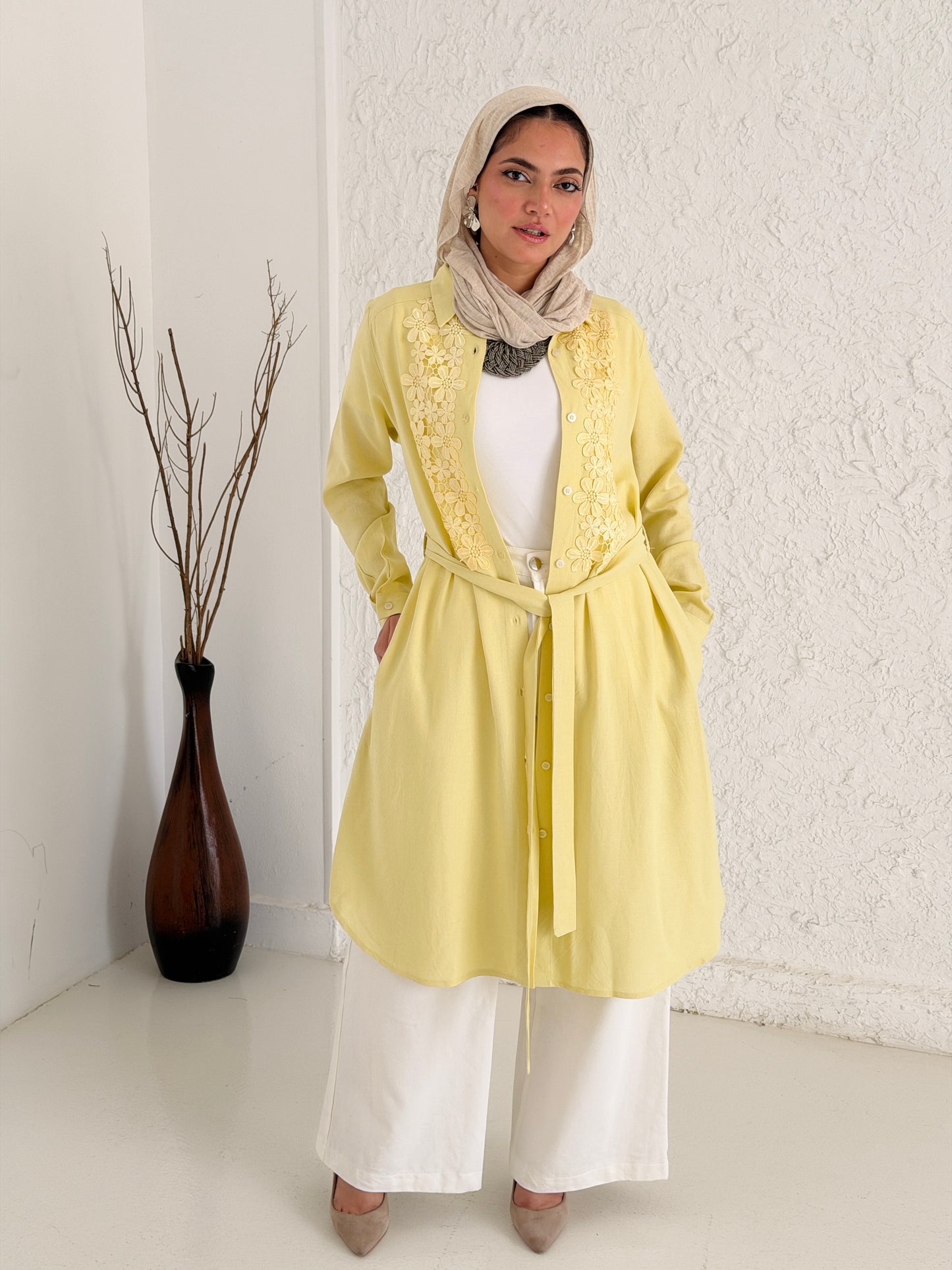 Linen Shirt with Embroidery - Yellow