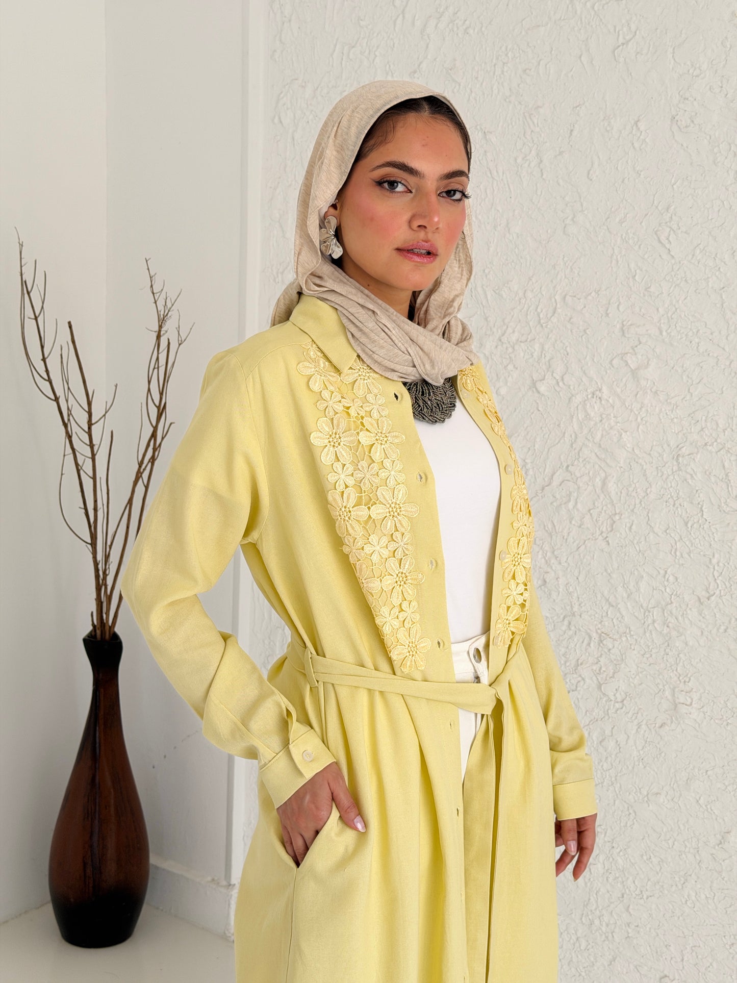 Linen Shirt with Embroidery - Yellow