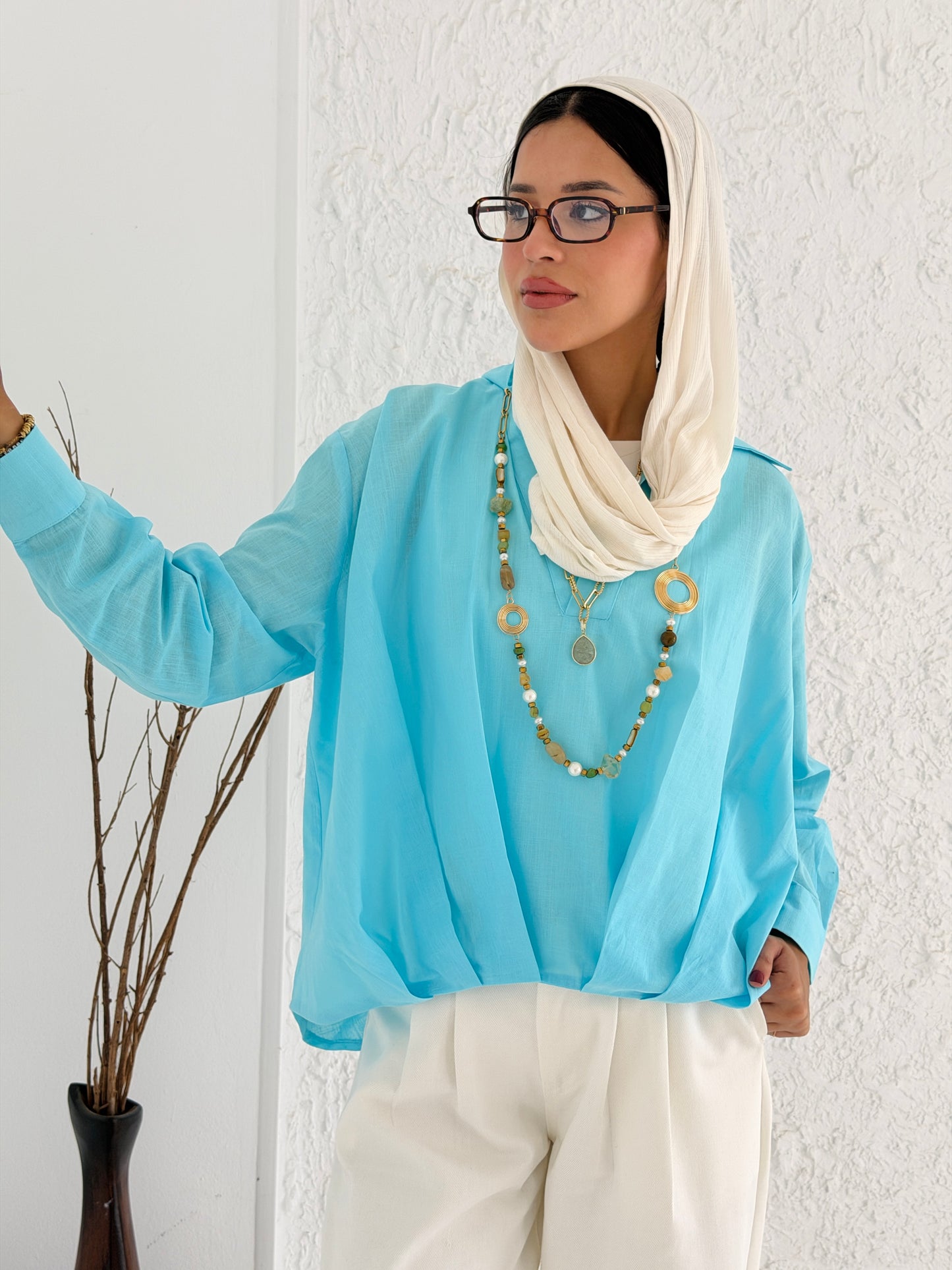 Linen Shirt With Balloon Hem - Aqua