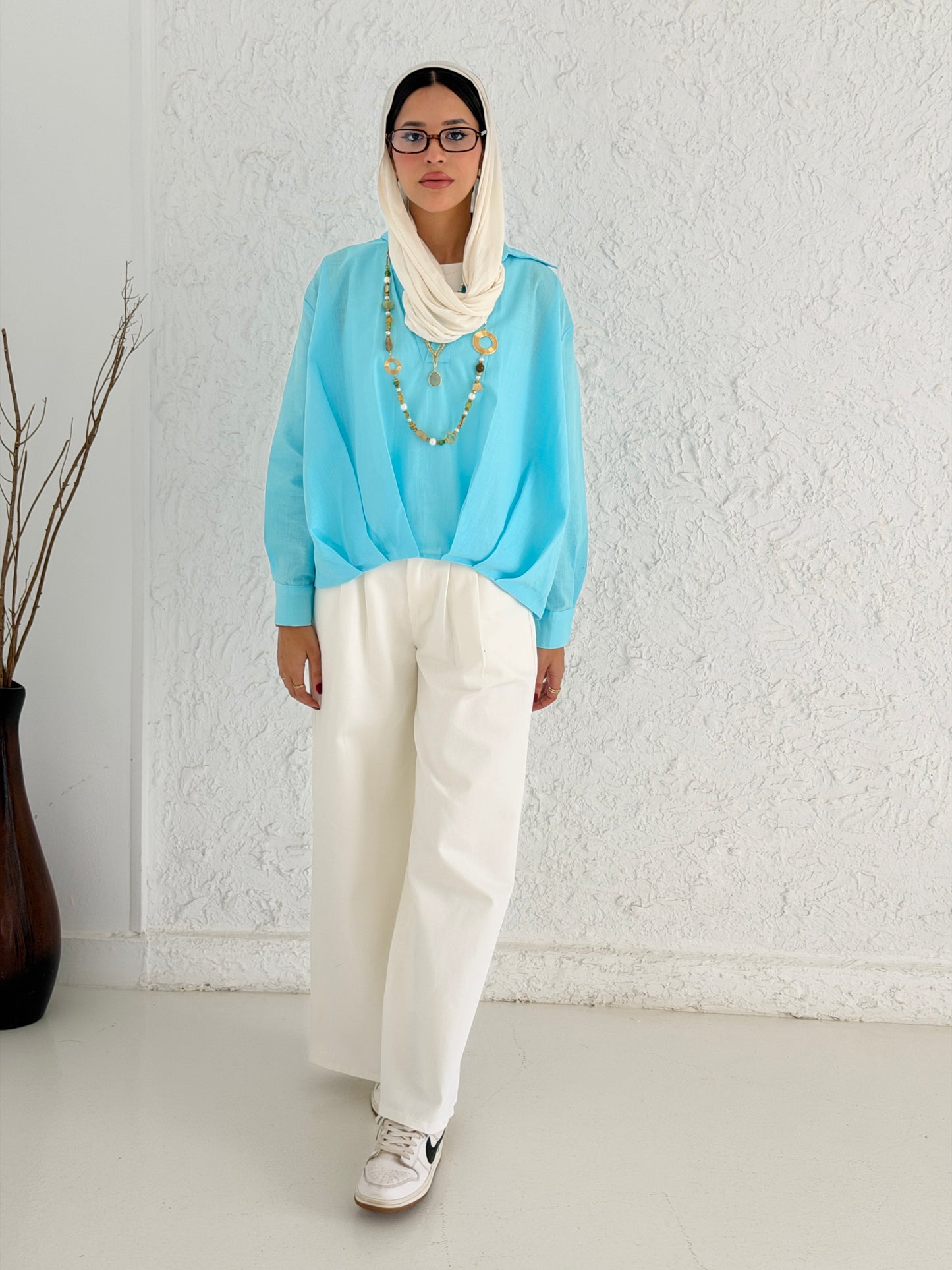 Linen Shirt With Balloon Hem - Aqua