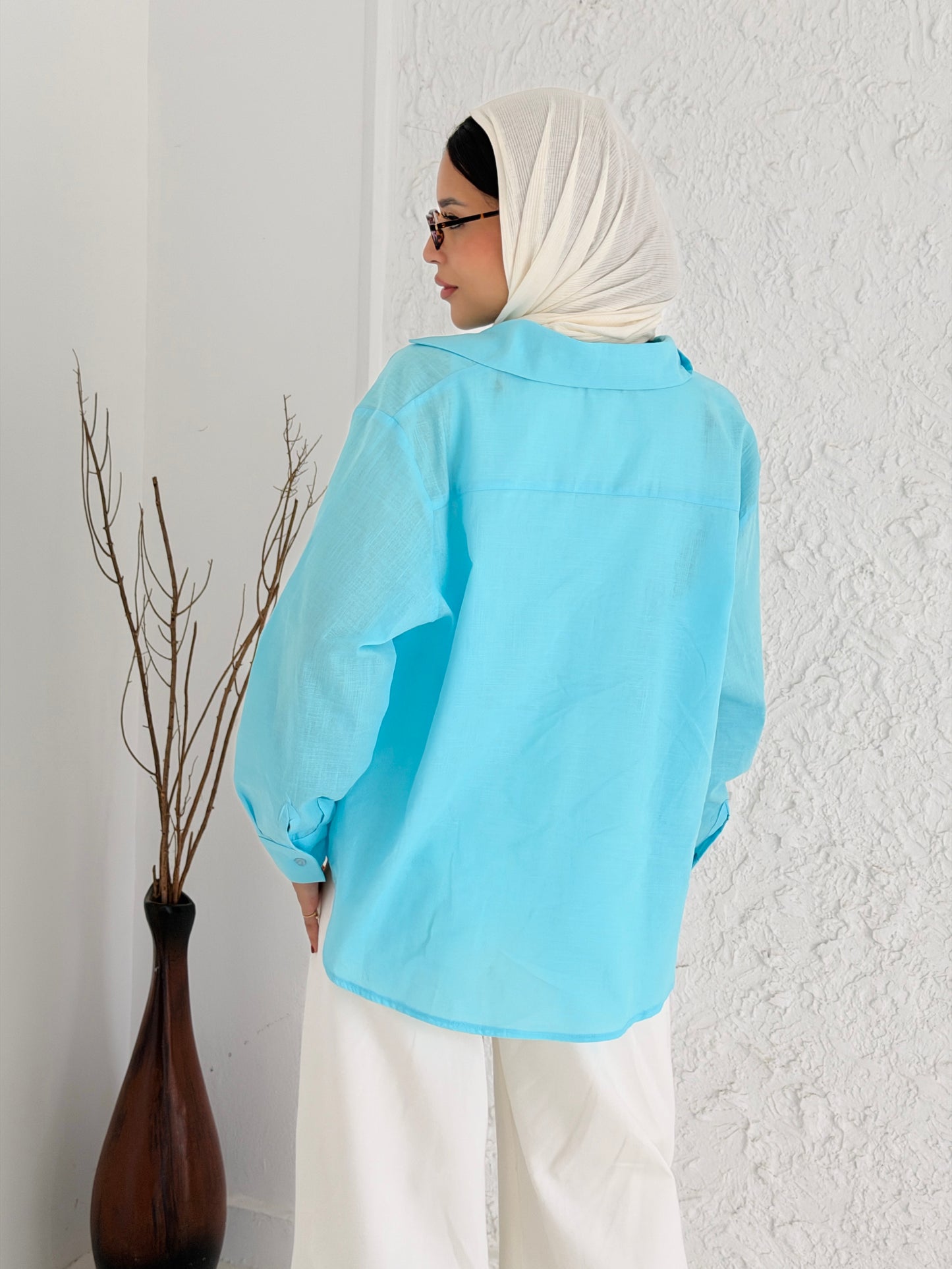 Linen Shirt With Balloon Hem - Aqua
