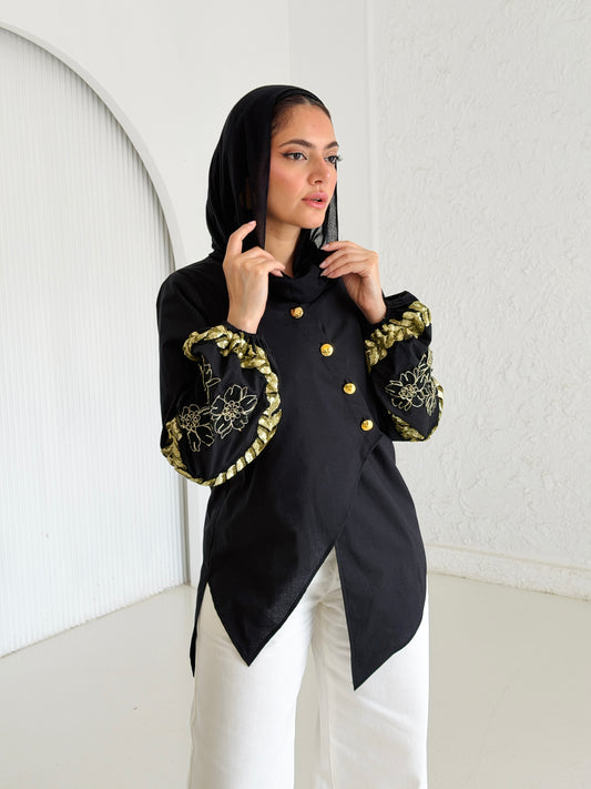 Buttoned Embroidery Chemise - Black