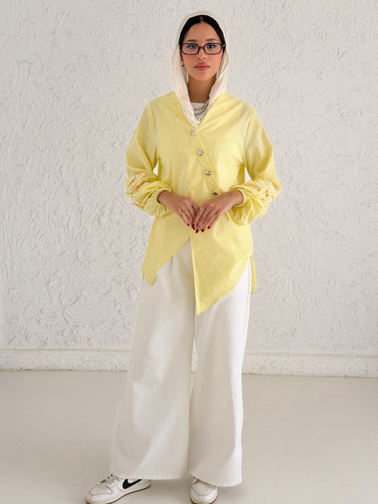 Buttoned Embroidery Chemise - Yellow